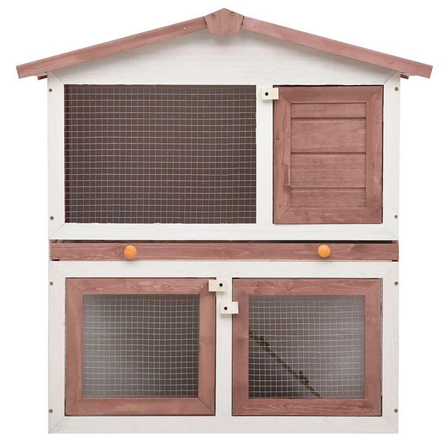 LuxusKollektion Kleintierkäfig Kaninchenstall 3 Türen Braun Holz 94x60x98cm 2 Ebenen