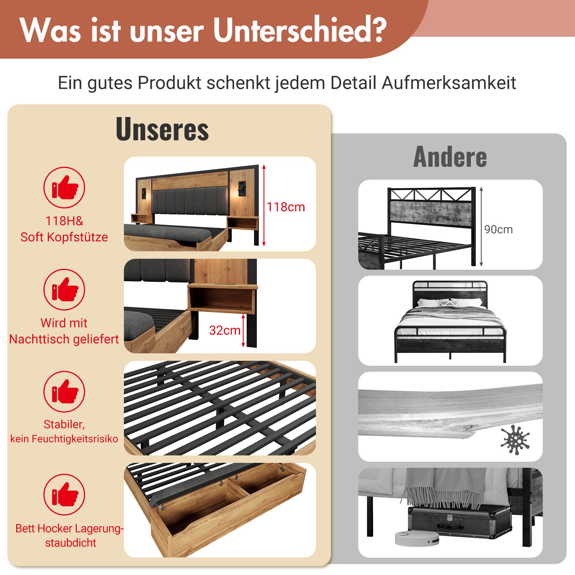 HAUSS SPOLE Massivholzbett 160×200 mit Leselampe und USB C Nachttisch und S günstig online kaufen