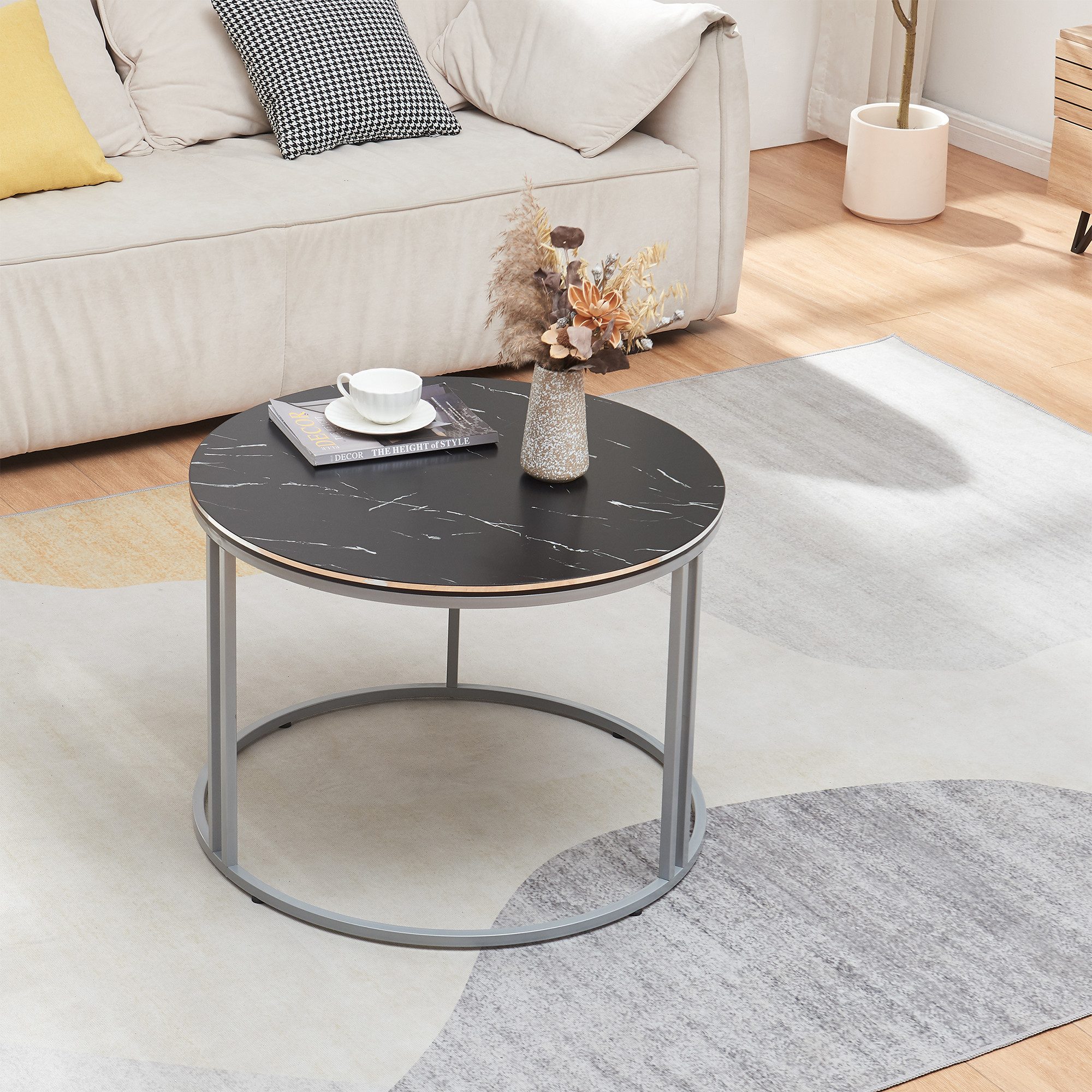 en.casa Couchtisch, Beistelltisch »Aulum« 50 x 70 cm Marmor, Schwarz / Silb günstig online kaufen