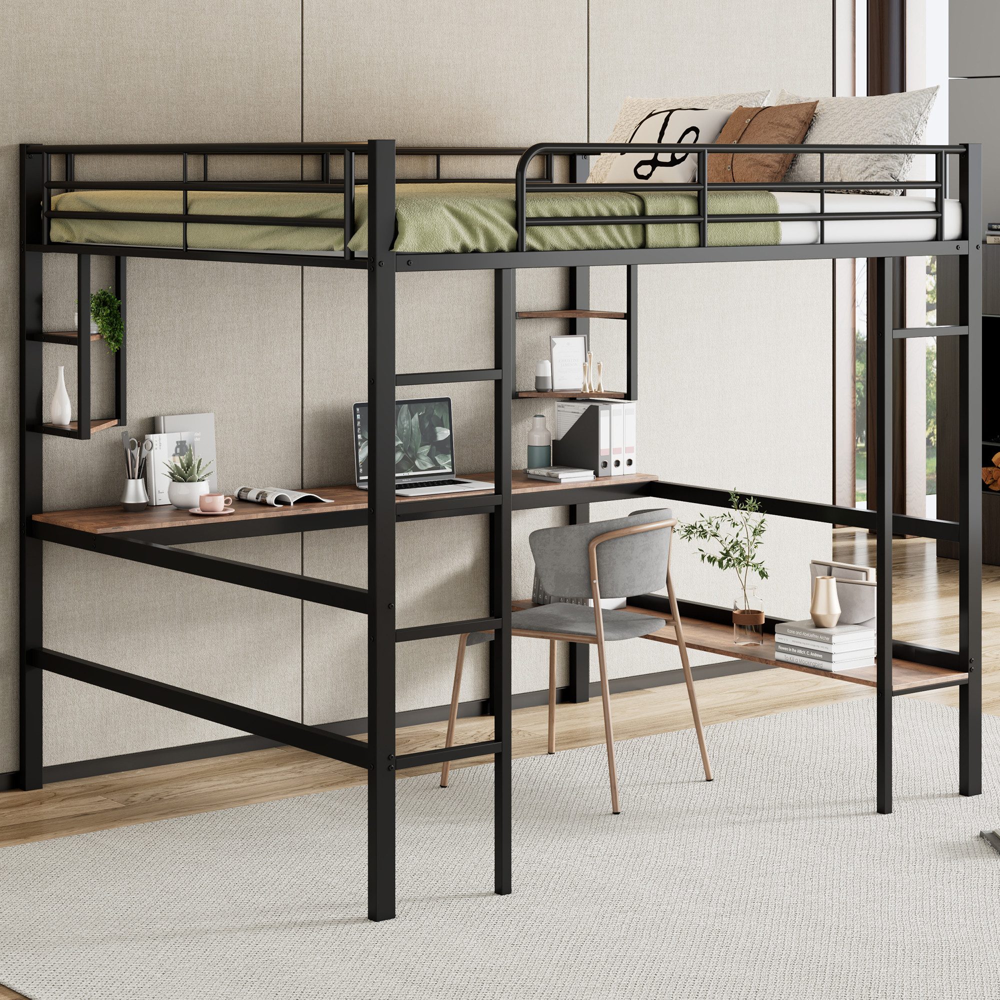 MC Star Bett Bettgestell Metallbett, Eisenbett mit Schreibtisch (Hochbett mit vier kleinen Regalen und einem großen Bücherregal für Kinder, Jugendliche und Erwachsene, schwarz)