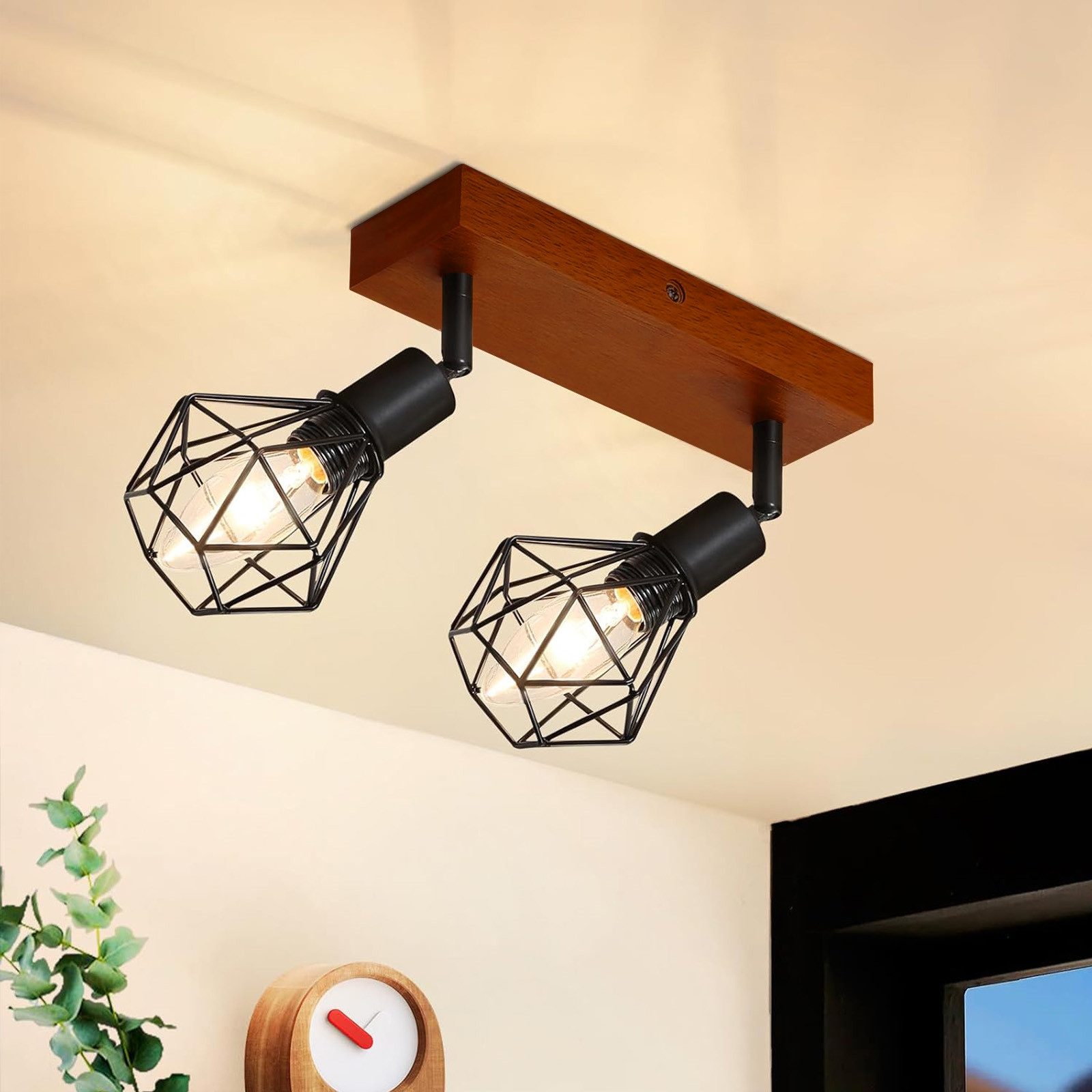 Nettlife Deckenleuchte Vintage Metall Holz schwenkbare Strahler 25W E14 Deckenlampe, Schwenkbar 350°, ohne Leuchtmittel, für Wohnzimmer …