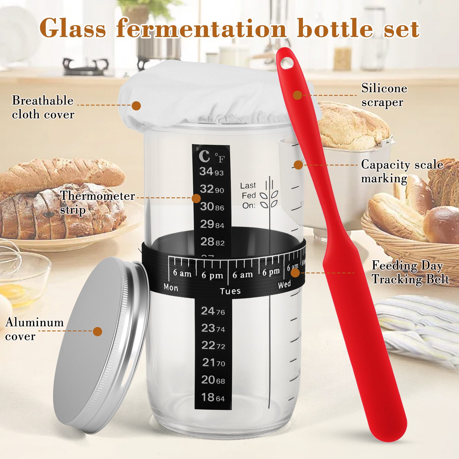 BlingBin Gärkorb 10-teiliges Gärkörbchen für Brotteig, Sauerteig-Starter-Set mit Liner, (17er Set 17-tlg), Brot Backen Werkzeuge, Sauerteig Brot Backen Zubehör  – Bild 3 von 5