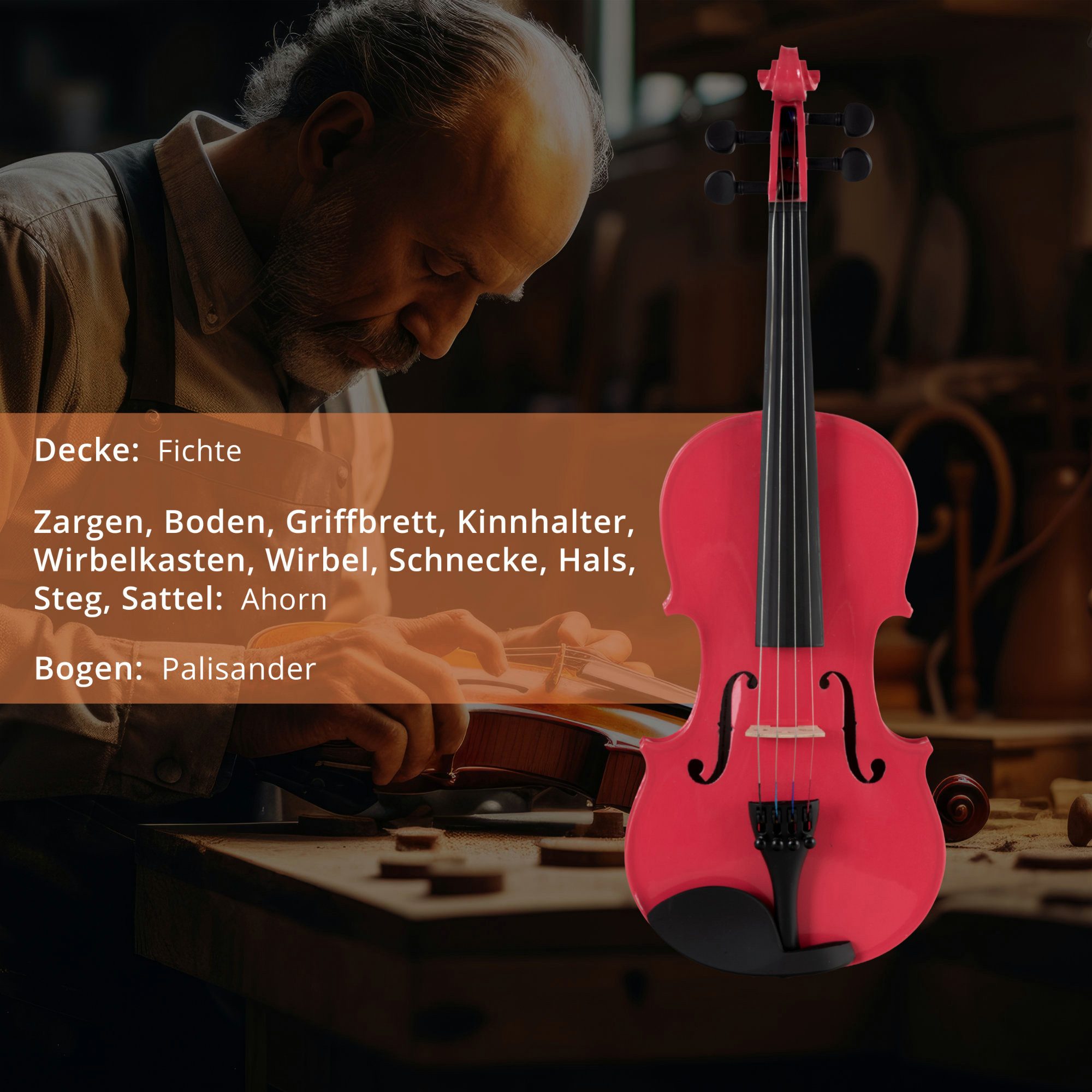 Classic Cantabile Violine VP-100PK 1/2 Violinenset Pink - Klassisches Design - Moderne Optik, Komplettset, Einsteiger/Schülerinstrument, inkl. Bogen, Koffer, Kolophonium und Ersatzsaiten