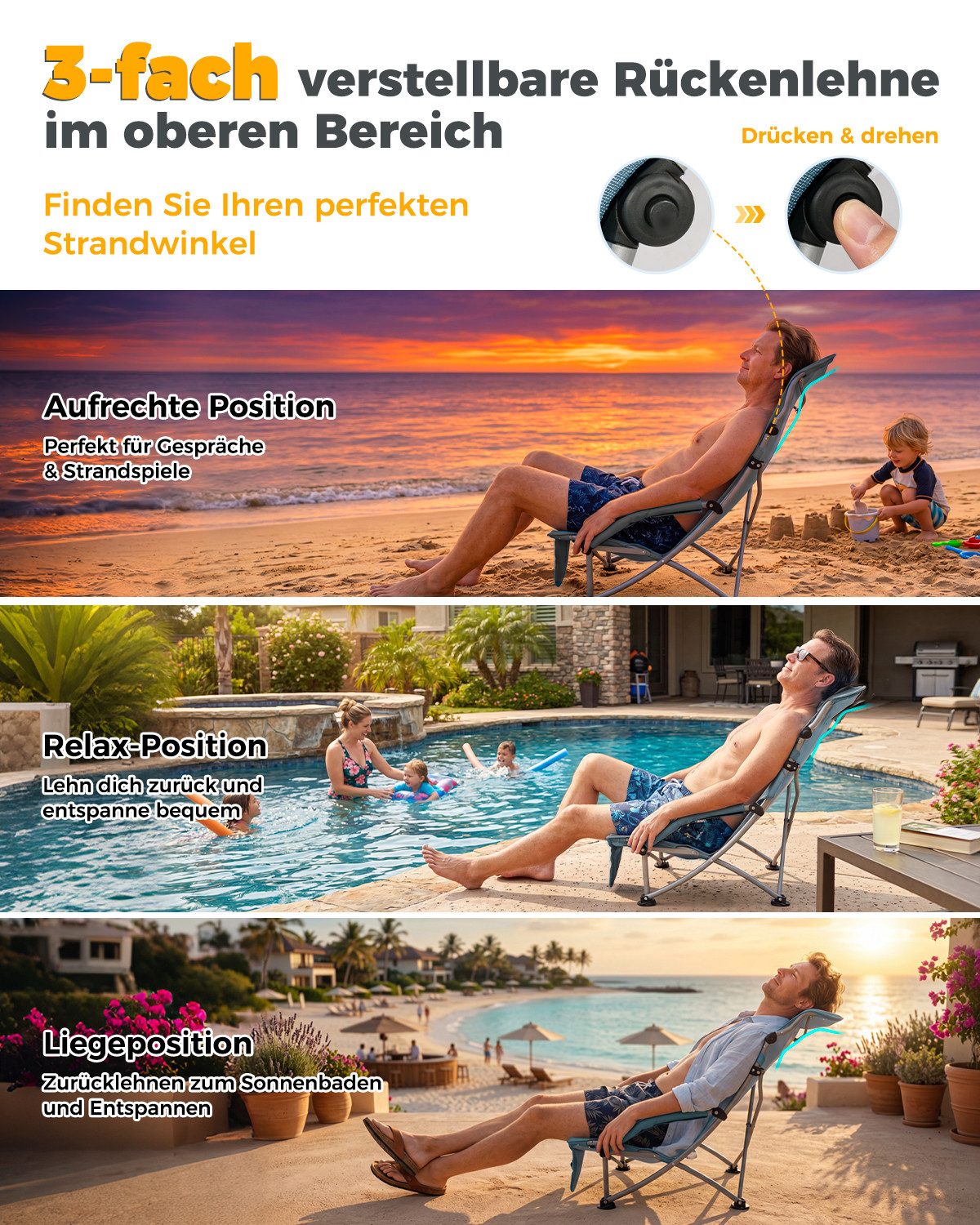 HOMECALL Klappstuhl Strandliegestuhl Klappbar leicht niedriger Strandstuhl Campingstuhl (2 St), Bequeme Rückenlehne, Gepolsterte Armlehnen, bis 180 kg – Bild 3 von 5