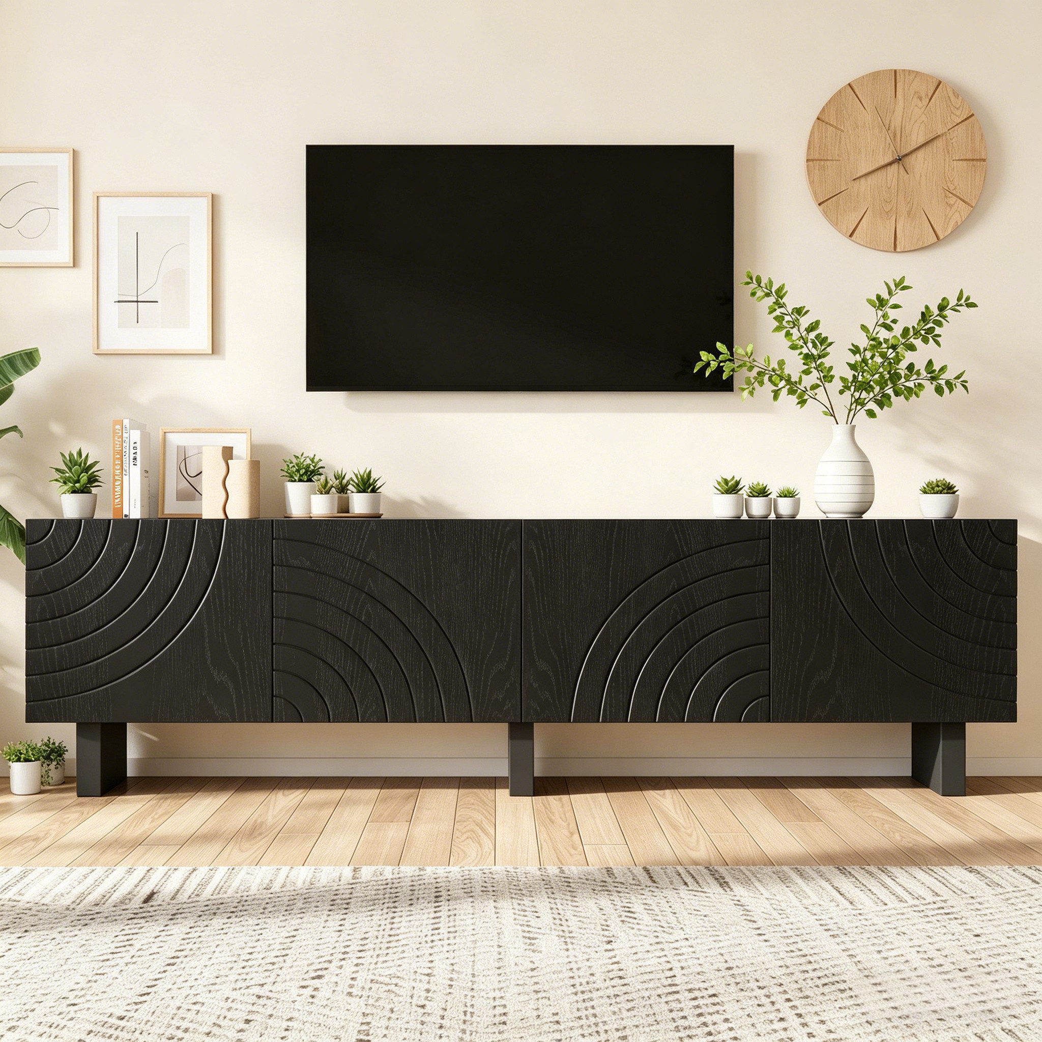 Odikalo Lowboard TV-Schrank Fernsehschrank (TV-Bank aus Spanplatte, Lowboard mit Struktur für Wohnzimmer,Fernsehschrank mit 4 Türen, TV-Halterung, Aufbewahrungsschrank.Geeignet für 75-Zoll-Fernseher)