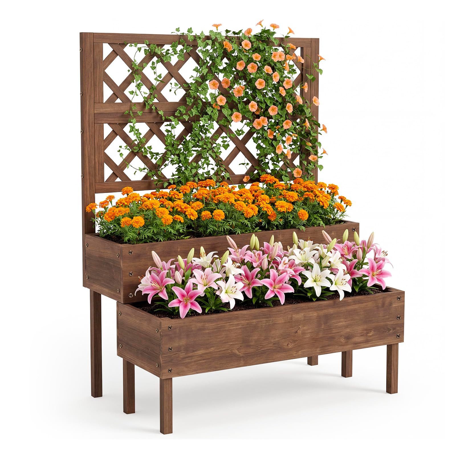 GarveeMore Blumenständer Zweistufiges erhöhtes Holz-Hochbeet mit Rankgitter, 107 x 57 x 134 cm