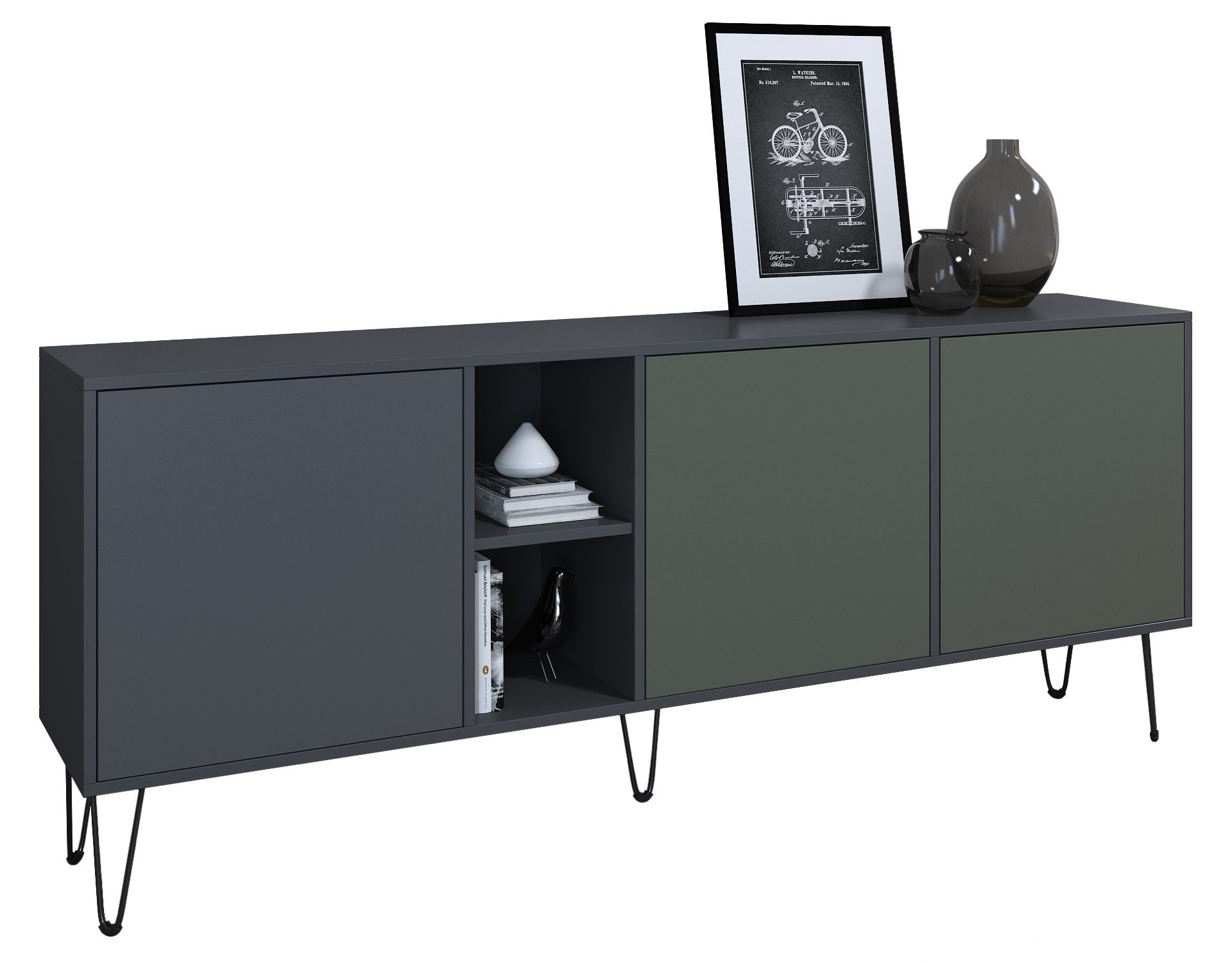 Vladon Sideboard Havana (TV-Schrank mit 3 Türen und 2 offene Fächer, Kommode Made in Germany), Anthrazit matt / Fjord Grün (181,5 x 73 x 35 cm)