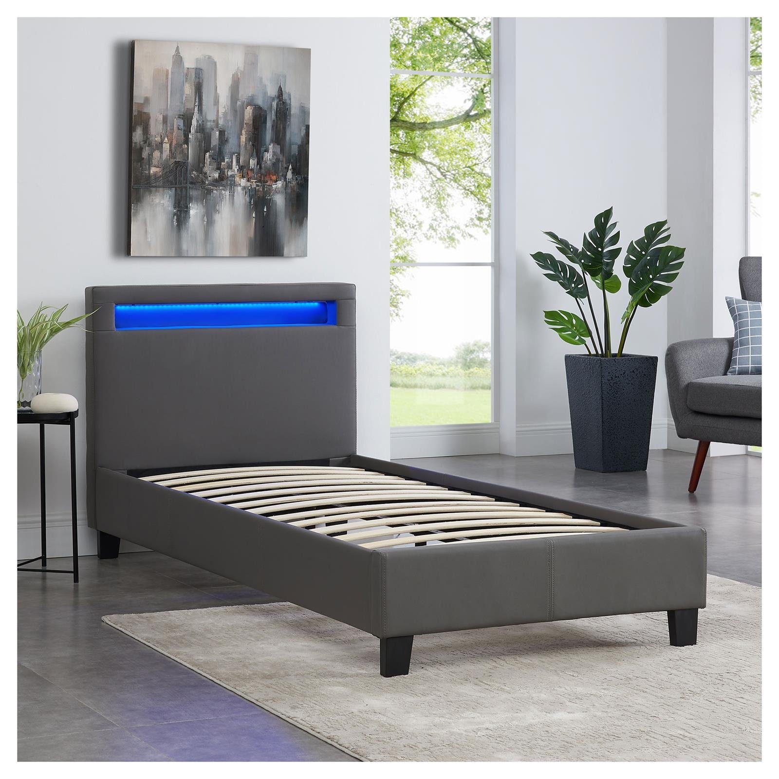 CARO-Möbel Polsterbett MANDALAY, LED Bett 90x200 cm Einzelbett mit Lattenrost und Kunstlederbezug Grau