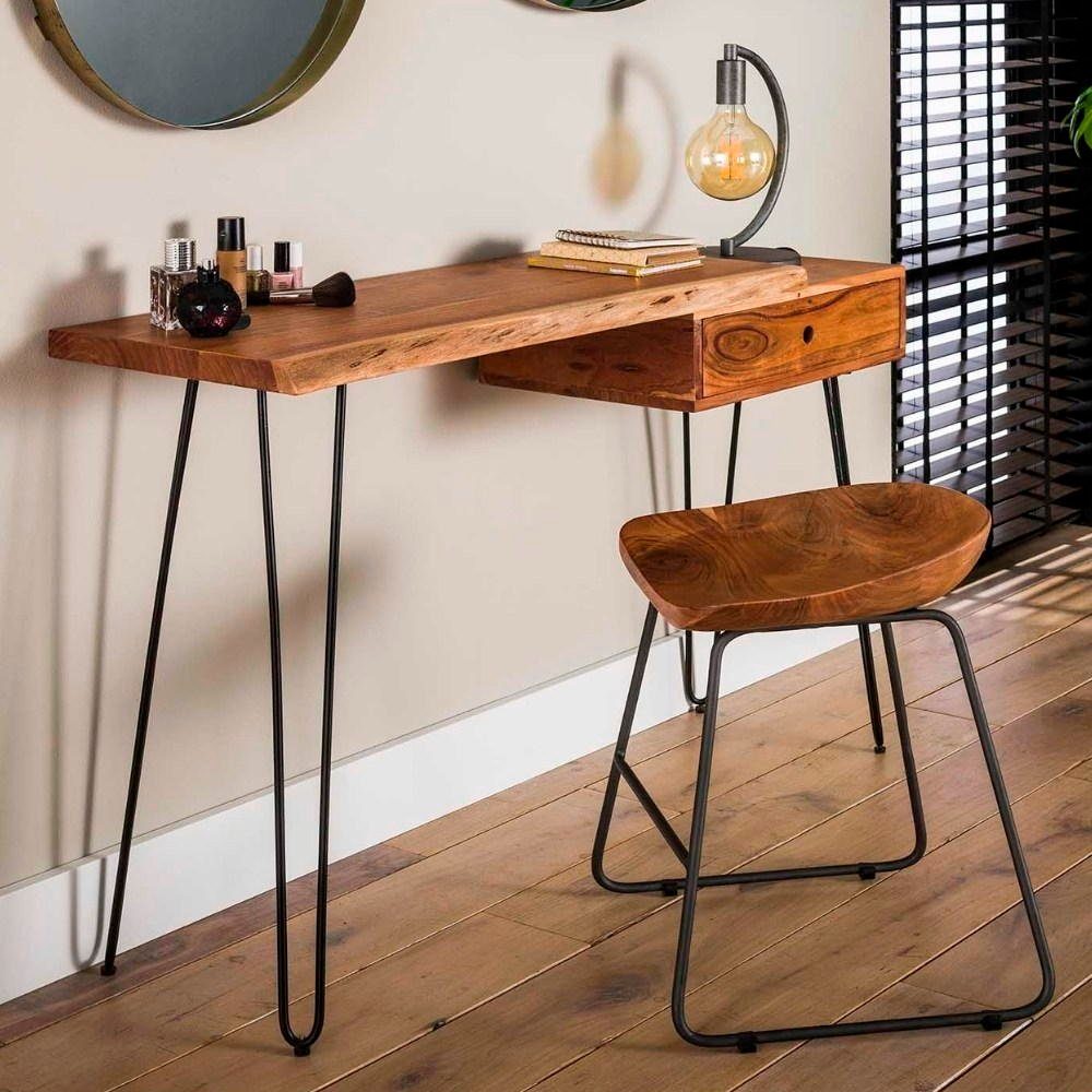 RINGO-Living Schreibtisch Massivholz Schreibtisch mit und Aluna Schwar, Natur-dunkel Möbel in Schublade