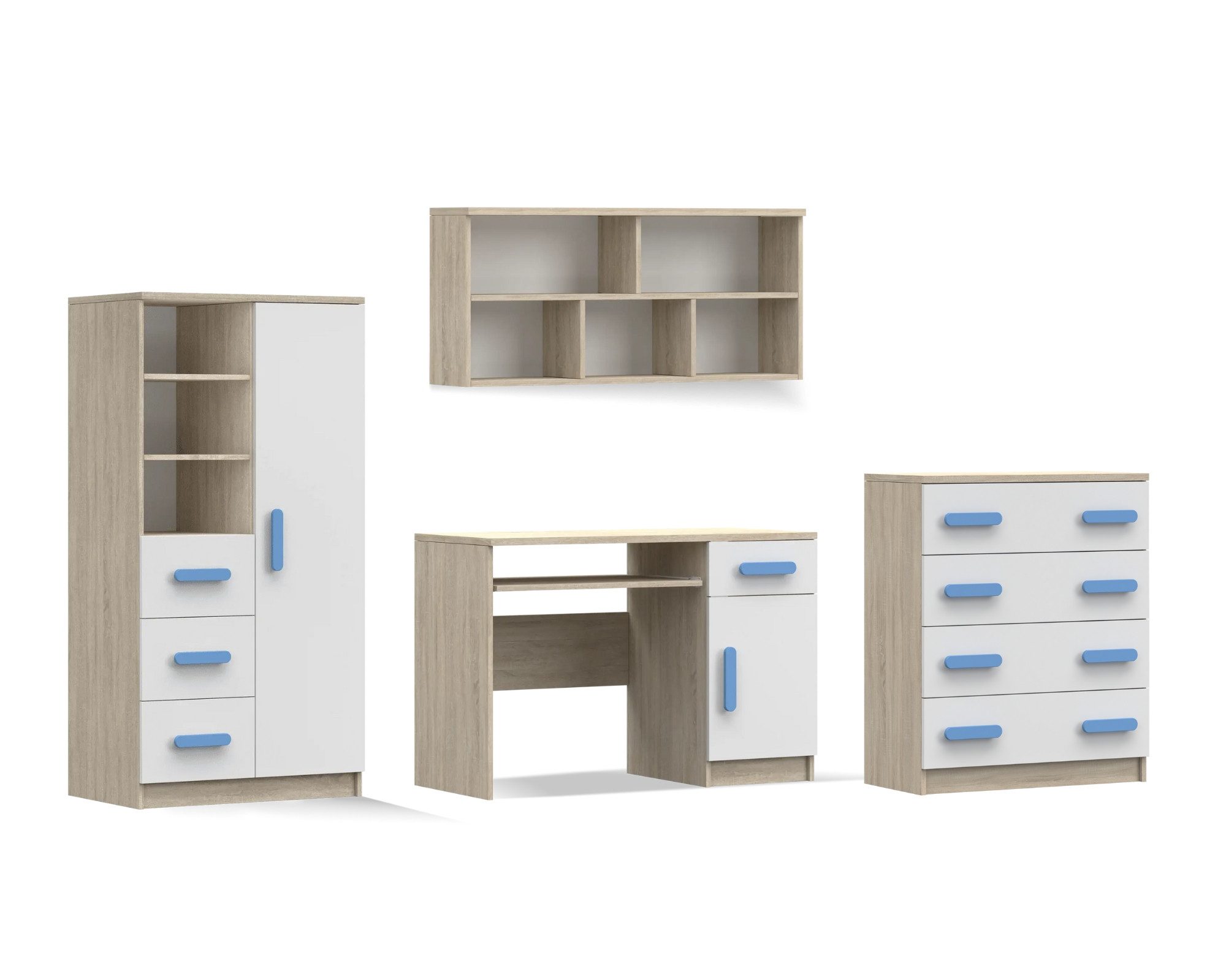 Deine Möbel 24 Jugendzimmer-Set INGE II in Weiß / Weiß + Grau / Weiß + Eiche Sonoma ; 4-teilig, (Set, 4-tlg., Schreibtisch Regal Hängeregal Kommode), Kinderzimmer Set Weiß Griffe Rosa Blau Grün Grau aus Laminatplatte
