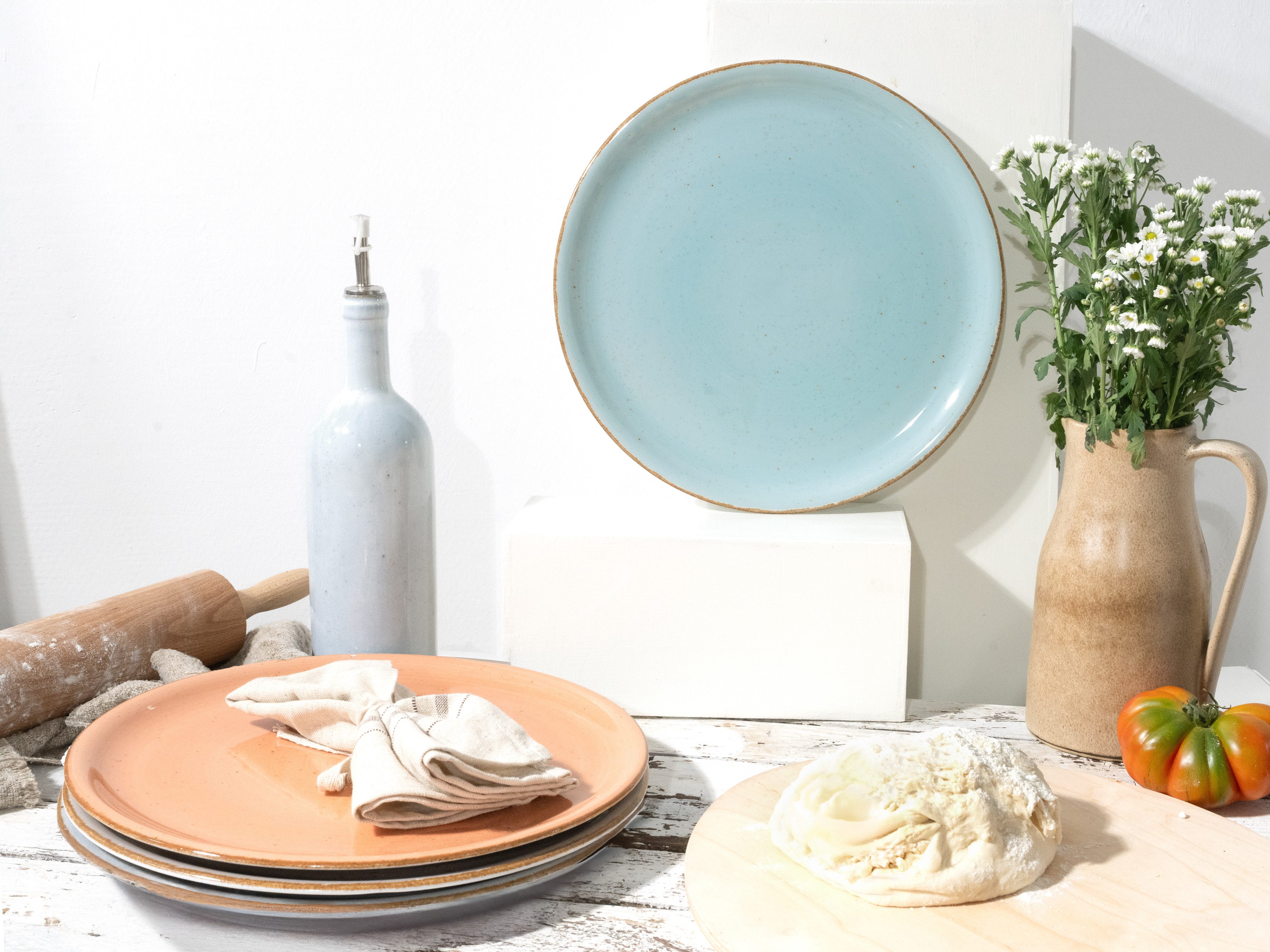 CreaTable Pizzateller Essteller VINTAGE NATURE, (4 St), Teller Set für 4 Personen, Porzellan