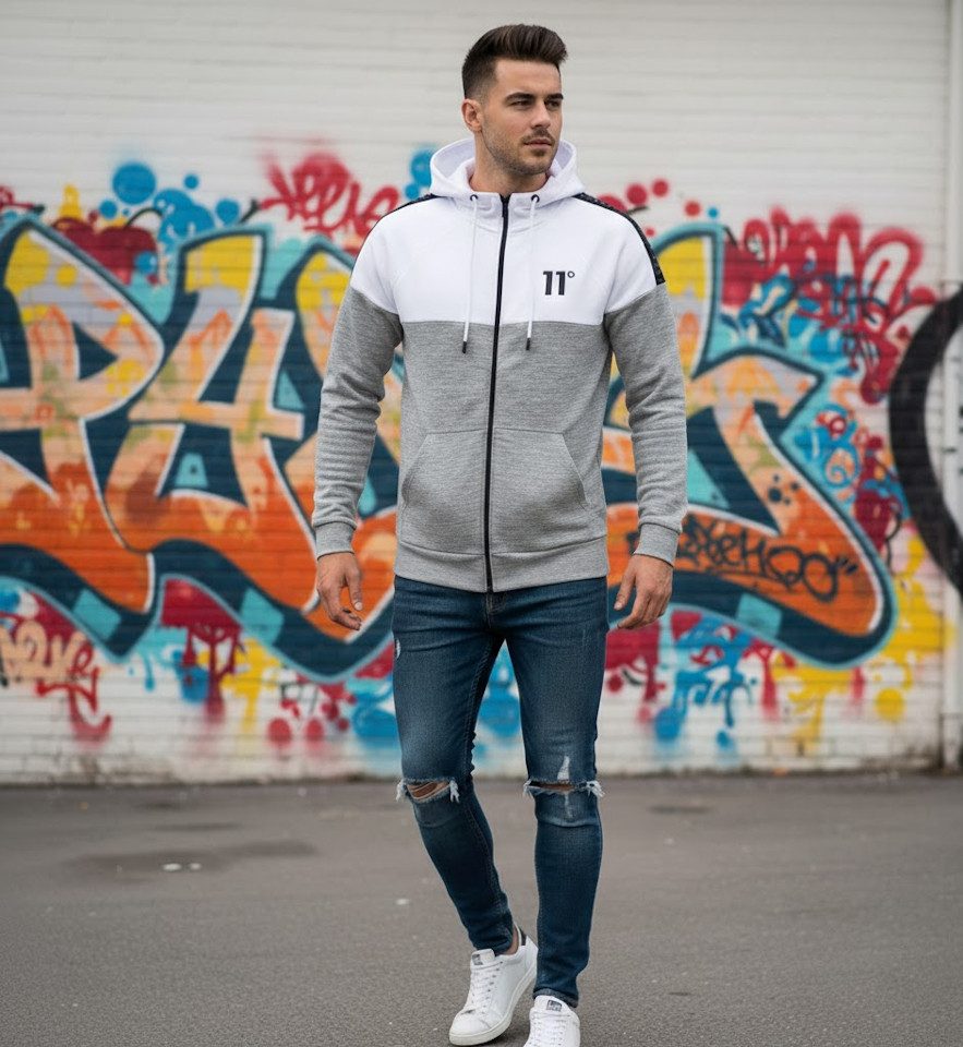 11 Degrees Kapuzensweatjacke / Sportjacke Herren White-Grey Melange