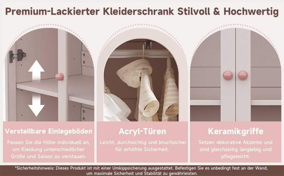 Flieks Kinderkleiderschrank (1-St) 2-türiger Schrank mit Kleiderstange Acryl-Transparenttüren 80×50×120cm – Bild 4 von 5