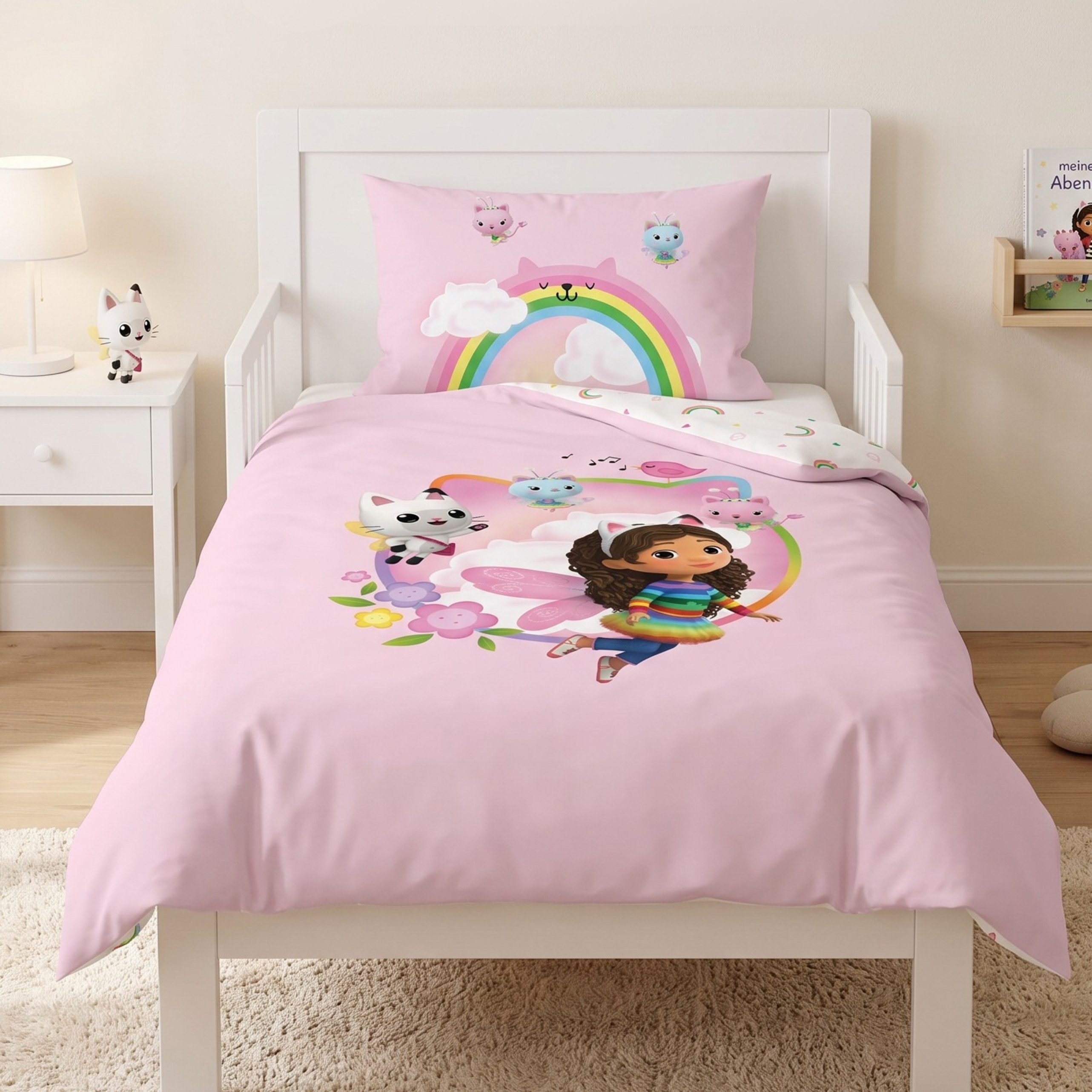 MTOnlinehandel Babybettwäsche Gabby's Dollhouse 100x135 + 40x60 cm Renforcé, Gabby & Katzenfreunde, 100% Baumwolle, 2 teilig, Wendedesign mit Regenbogen, Wolken und niedlichen Pfötchenherzen.
