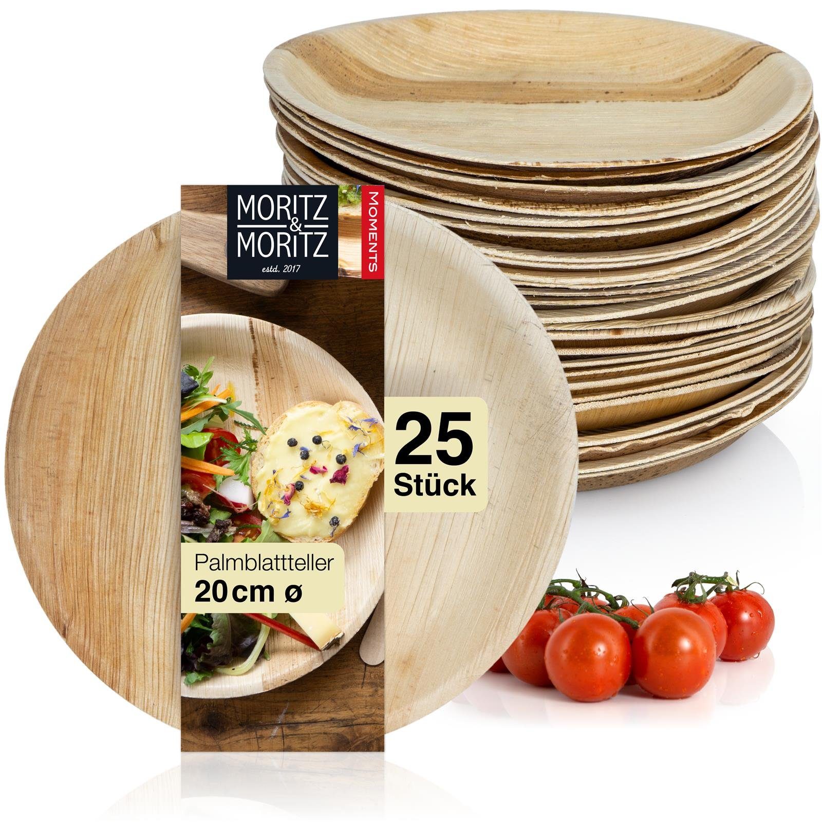 Moritz & Moritz Einweggeschirr-Set 25tlg Palmblattgeschirr 20cm Rund (25-tlg), 25 Personen, Palmblatt, Birkenholz, Эко-товарes Einweggeschirr - 25 Teller Einweg - rund ca. 20 cm Ø
