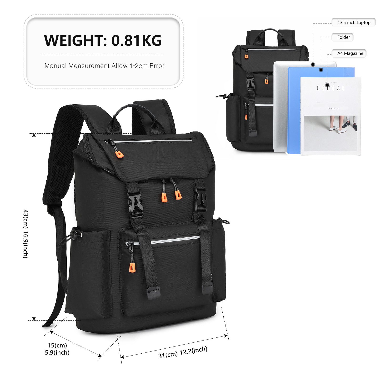 KONO Tagesrucksack Herren, Backpack Tragbarkeit Reiserucksack Wasserdicht für Reisen