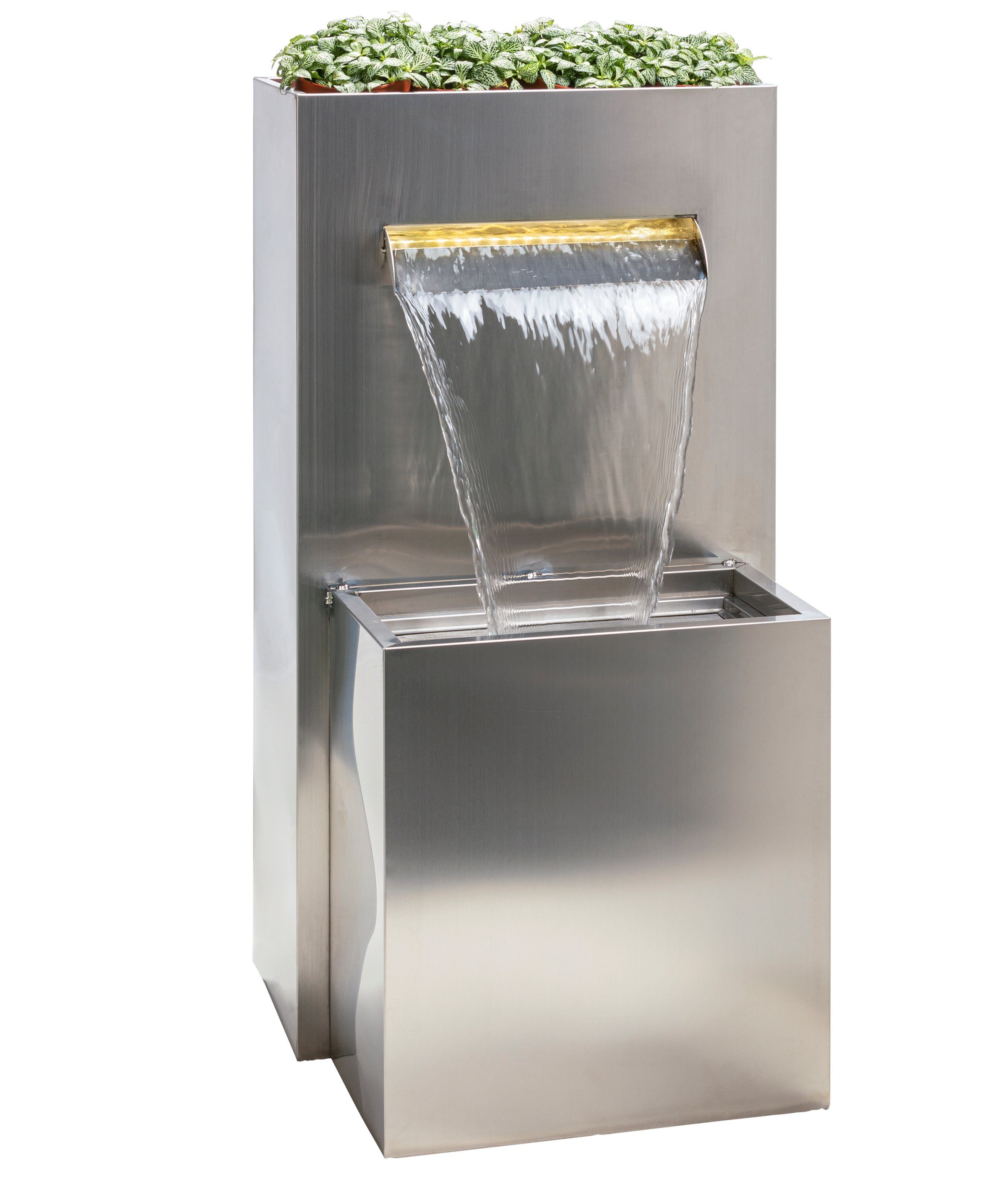 Dehner Gartenbrunnen Dallas mit LED, 89 x 46 x 44 cm, Edelstahl, moderner Gartenbrunnen mit schönem Wasserfall