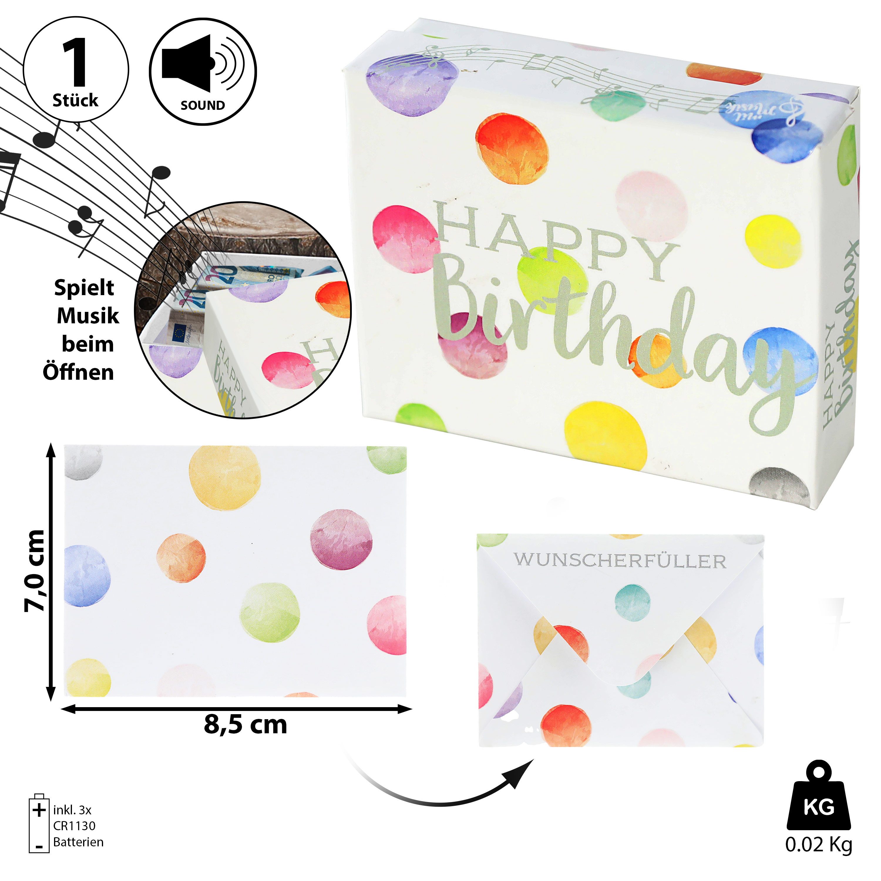 CEPEWA Geschenkbox Geschenkbox Musik 'Happy Birthday' 9,5x7x3,5cm weiß bunt Karton – Bild 2 von 5