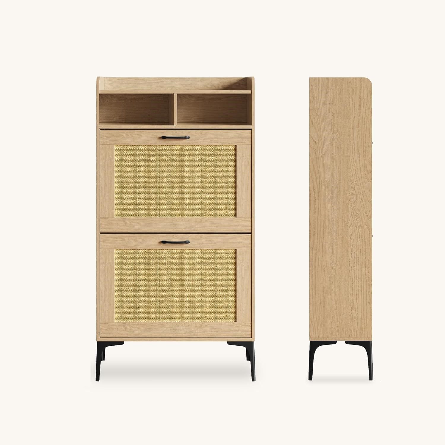 OUNUO Schuhschrank mit Rattan-Dekoration, 2 klappbare Schubladen, und Metallfüßen