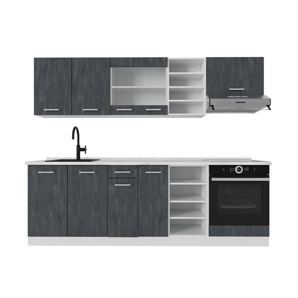 Vicco Küchenzeile R-Line, Schwarz Beton/Weiß, 240 cm AP Marmor