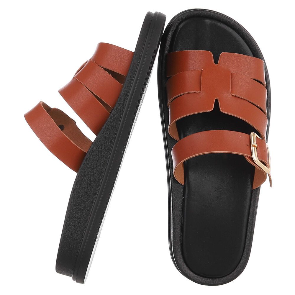 Ital-Design Damen Sandalenslipper mit Schnalle und Profilsohle Pantolette (91742396) Keilabsatz/Wedge Pantoletten in Camel