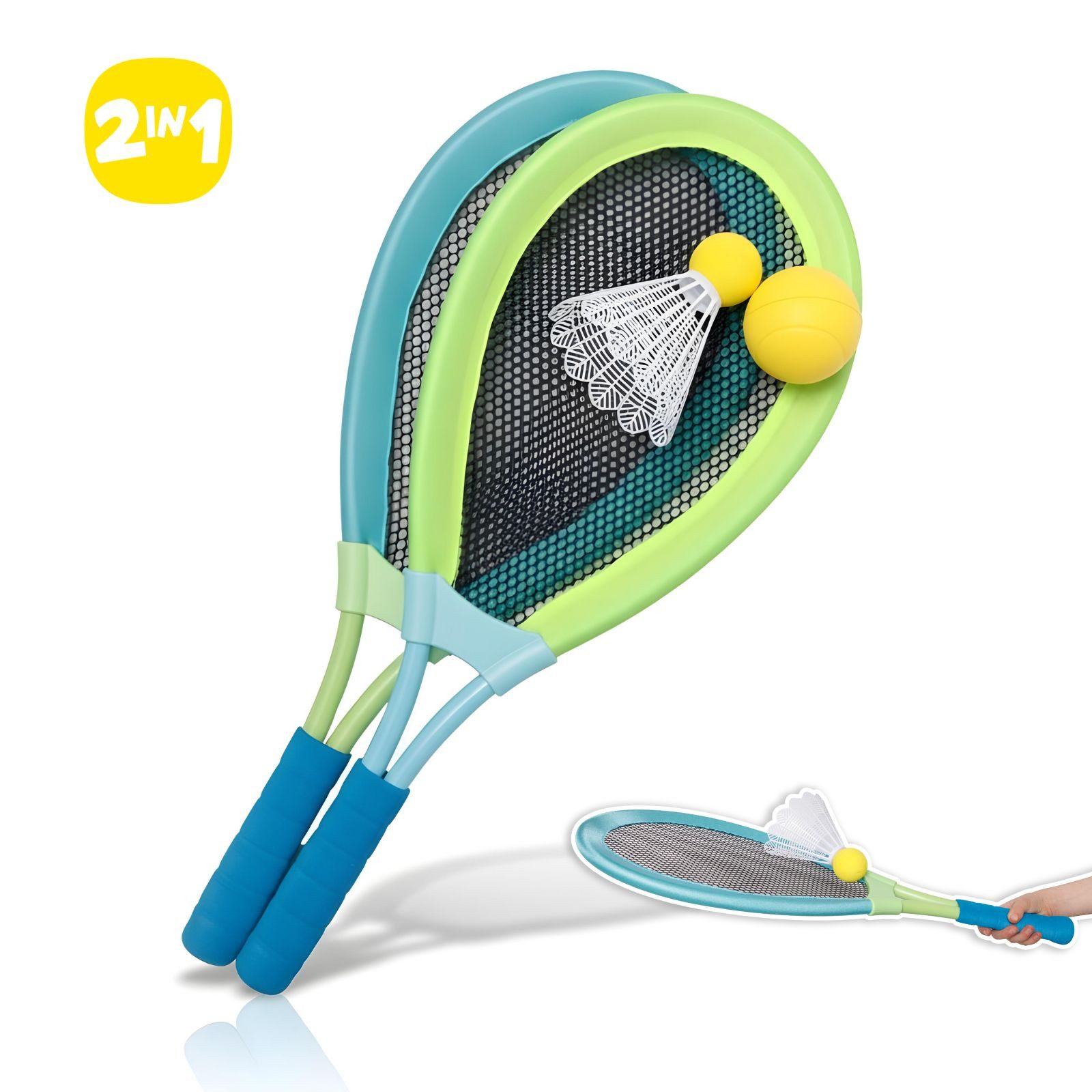 alldoro Federballschläger 2 in 1 XL Federball & Soft Tennis Set - extragroße Schläger, Outdoor-Set mit 2 Beachball-Schlägern (62 cm), Softtennis- & Federball