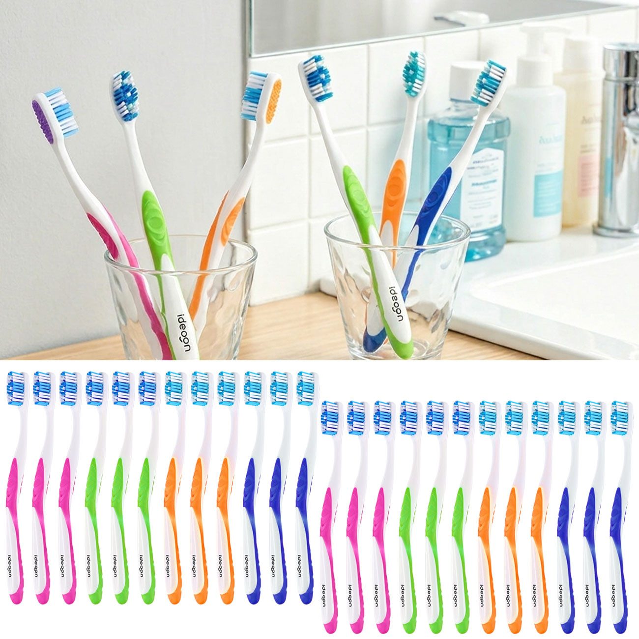 shop'n smile ideoon Zahnbürste Handzahnbürsten Set Soft mit Zungenreiniger, 12er- / 24er-Pack, Zahnbürsten-Familienpackung mit Wellenprofil & einzeln verpackt