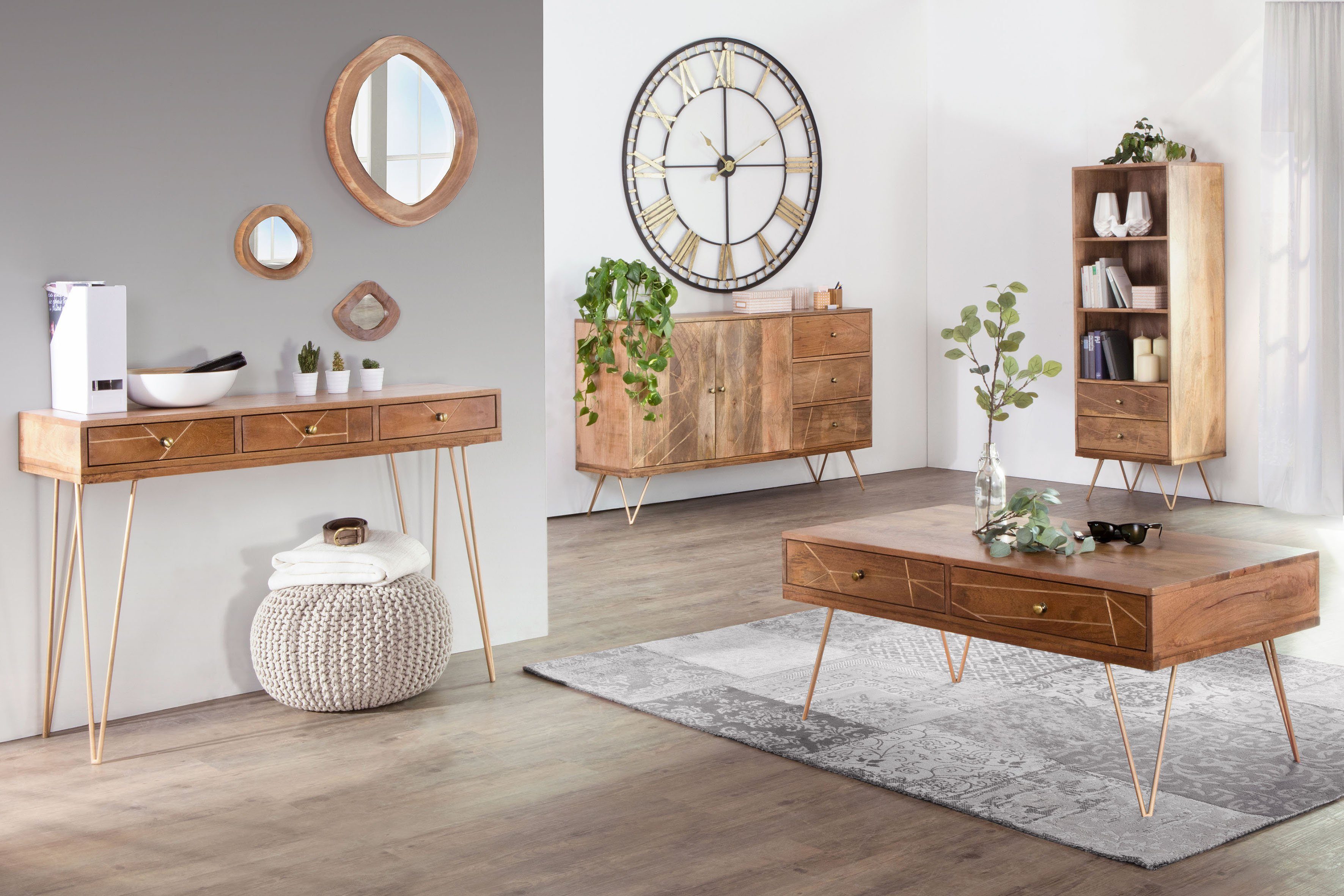 Gutmann Factory Couchtisch Scan, Hairpin Beine, moderner Couchtisch aus Massivholz Mango oder Akazie