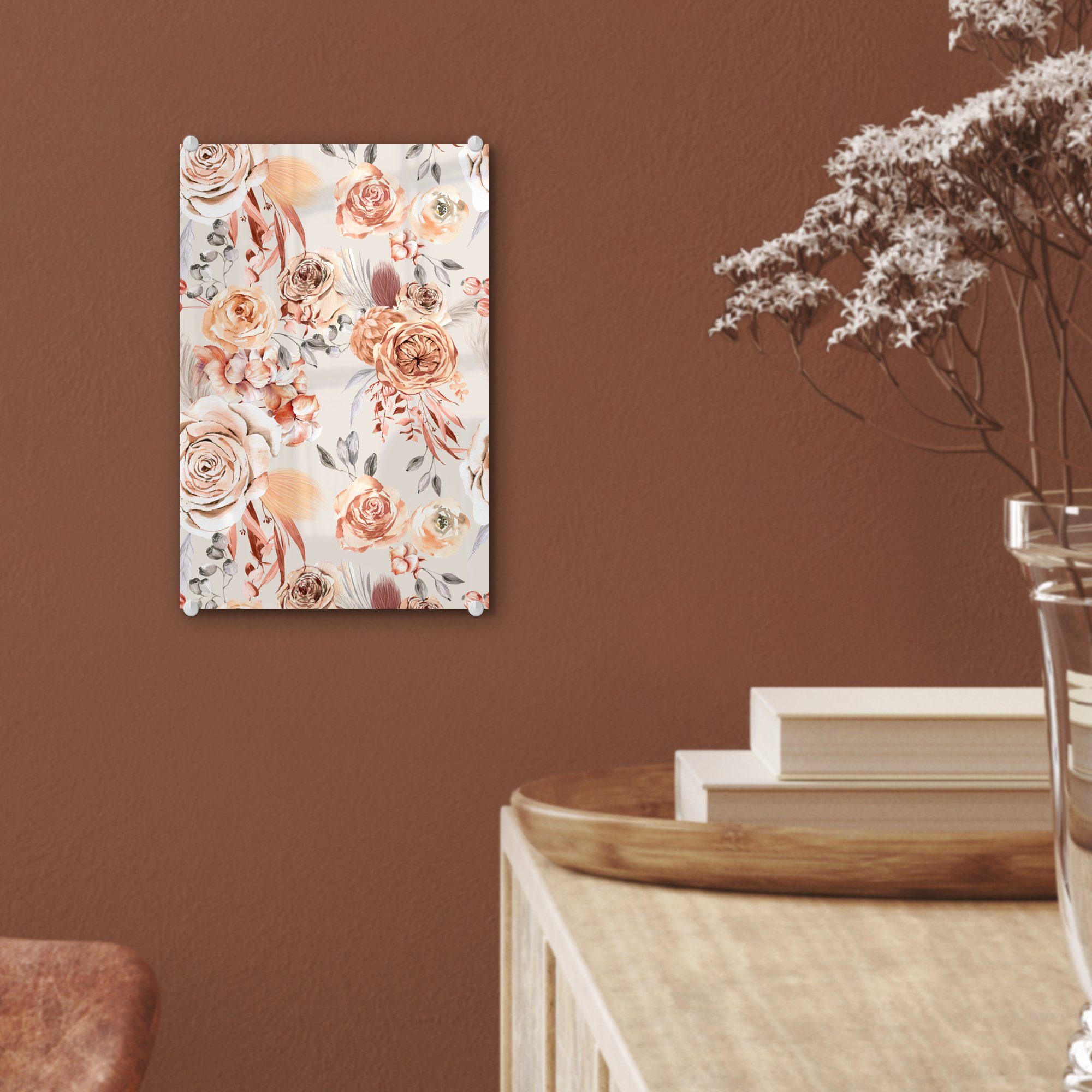 MuchoWow Acrylglasbild Blumen - Braun Wanddekoration Glasbilder - - Bilder - Foto (1 St), auf auf - Wandbild Grau, Glas Glas