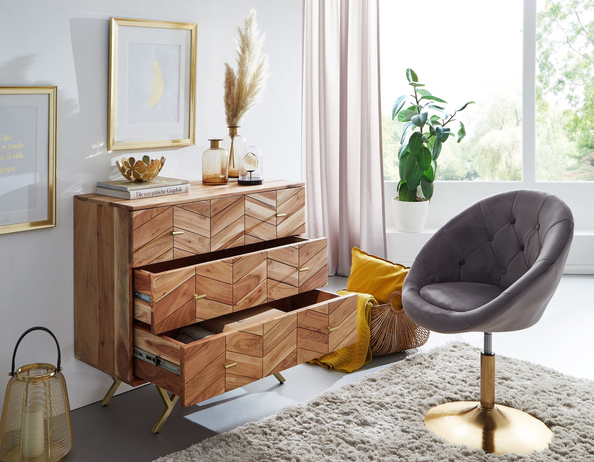 FINEBUY Sideboard FB60960 Massivholz Schubladenkommode 90cm Akazie Kommode (Hoher Kommodenschrank, Kommode 3 Schubladen), Akazie Massivholz / Metall Anrichte, 90x86 cm