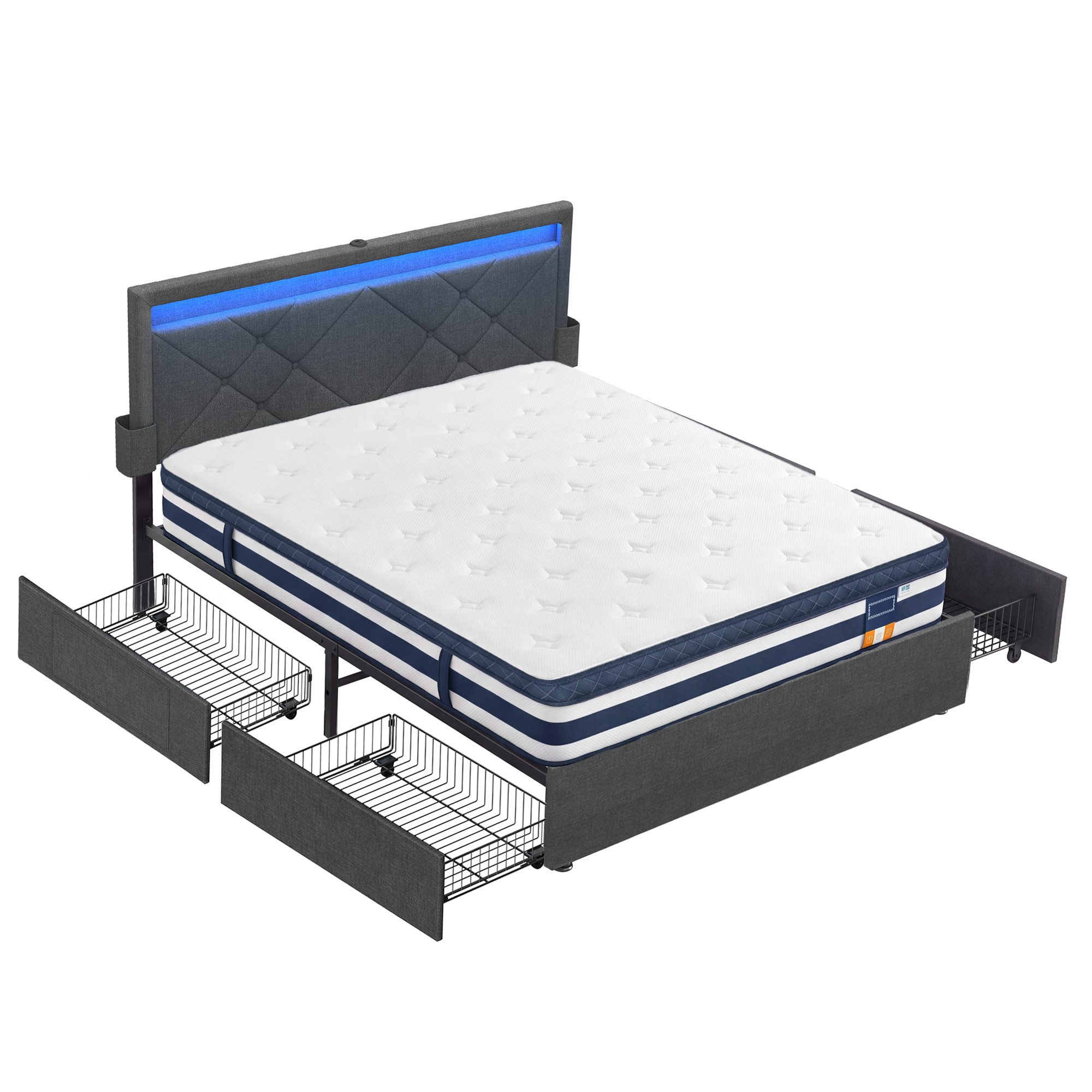VASAGLE Polsterbett inkl. ergonomischer Matratze, mit LED(25 Farben), USB, 4 Schubladen, 160x200 cm, 4 Schubladen, USB, H3