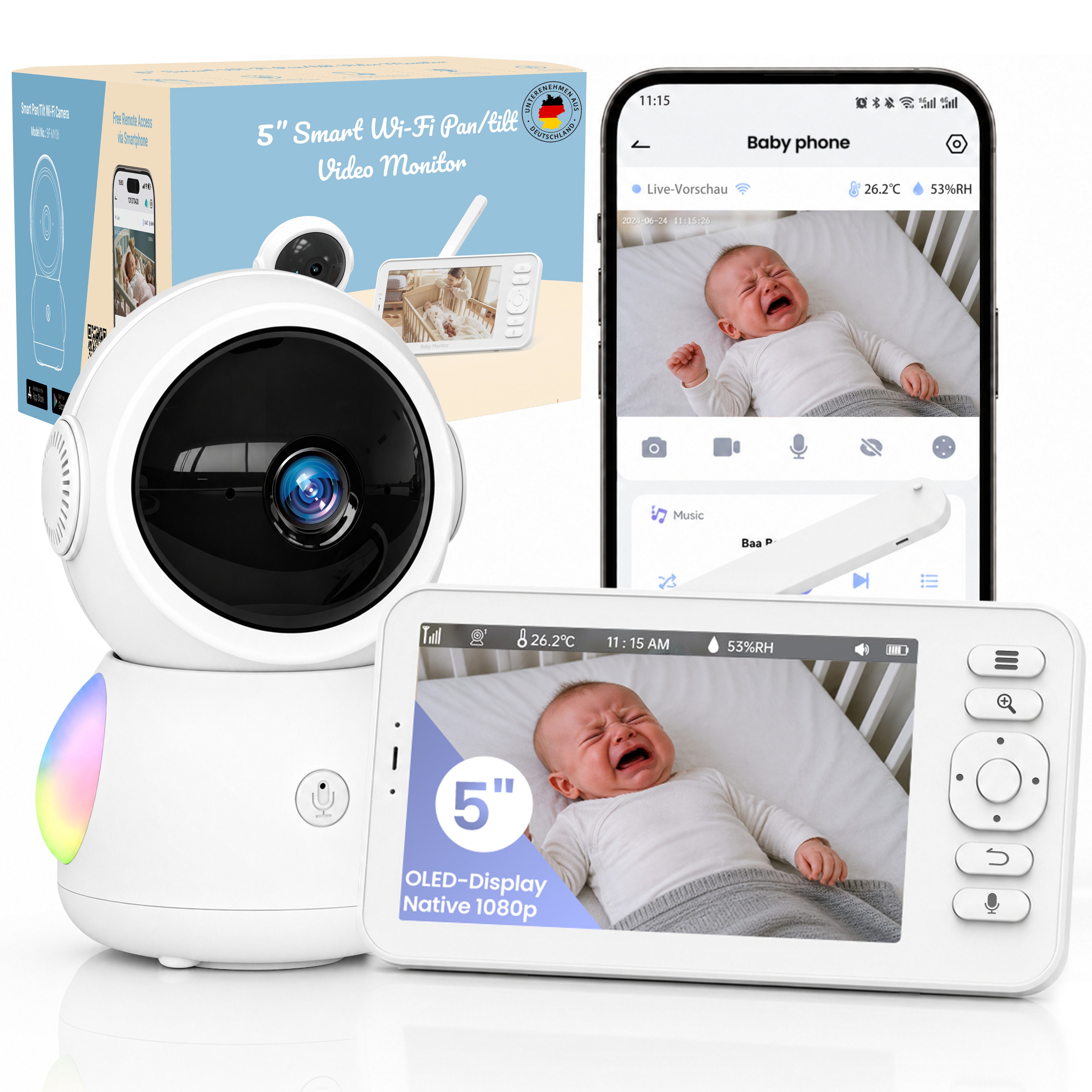 Whraills Babyphone Babyphone mit 3K 5MP Kamera, 5 Zoll 1080P OLED, Nachtsicht und App, Gegensprechfunktion, Schlaflieder, Schallerkennung, Datenschutz, Weinen-E – Bild 2 von 5