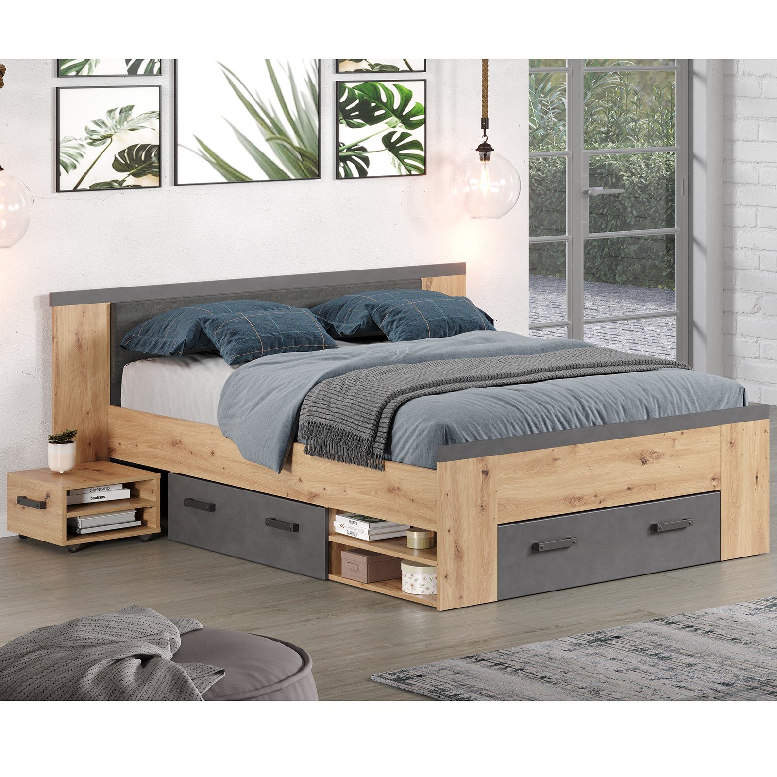 trendteam Holzbett, Doppelbett Stauraumbett Schlafzimmerbett Eiche/Anthrazit 190x87x203cm