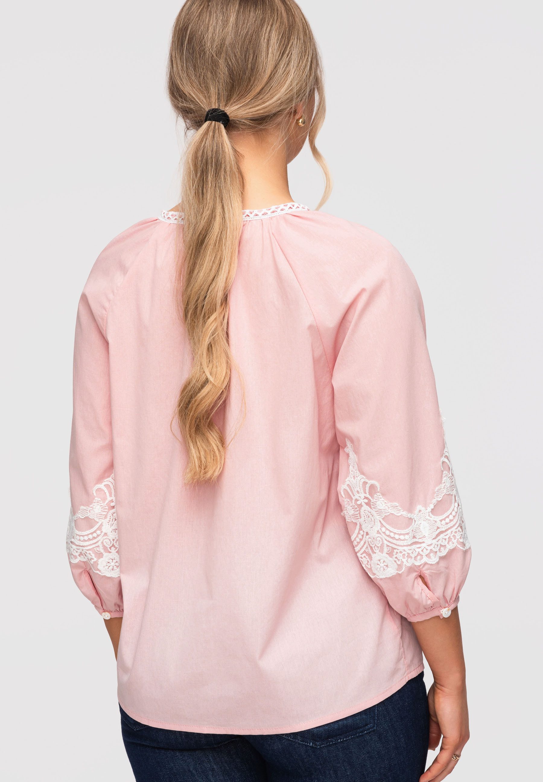 OMBRE Hemdbluse Damen Bluse Baumwolle Boho Stickerei Rose S (kein Set, 1-tlg) Ajour-Einsätze, Stickereien, Knopfleiste