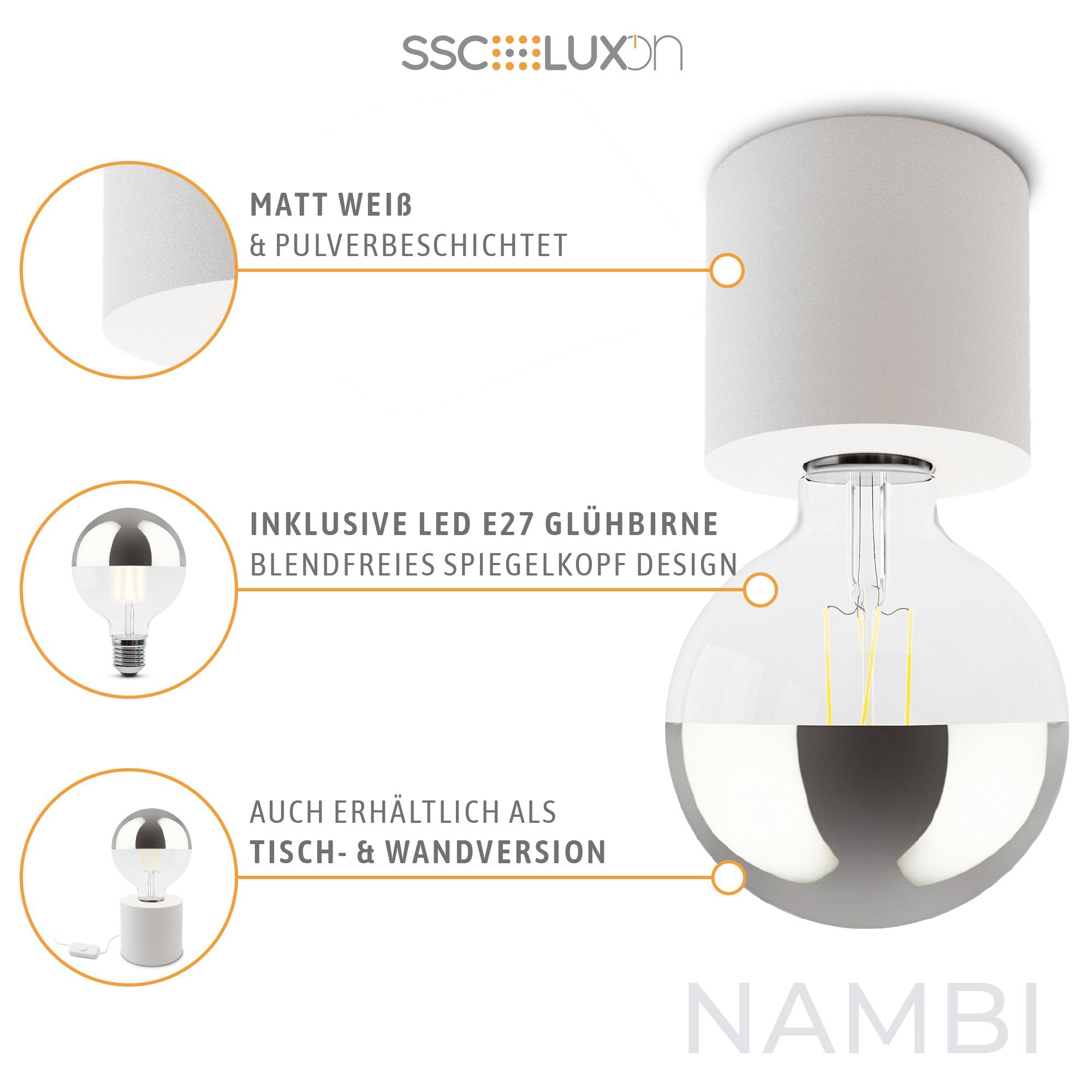 SSC-LUXon weiss Warmweiß Kopfspiegel warmweiss, NAMBI LED mit Globe Birne Aufbauleuchte E27 Deckenlampe