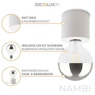 SSC-LUXon Aufbauleuchte NAMBI Deckenlampe weiss mit Kopfspiegel LED E27 Globe Birne warmweiss, Warmweiß