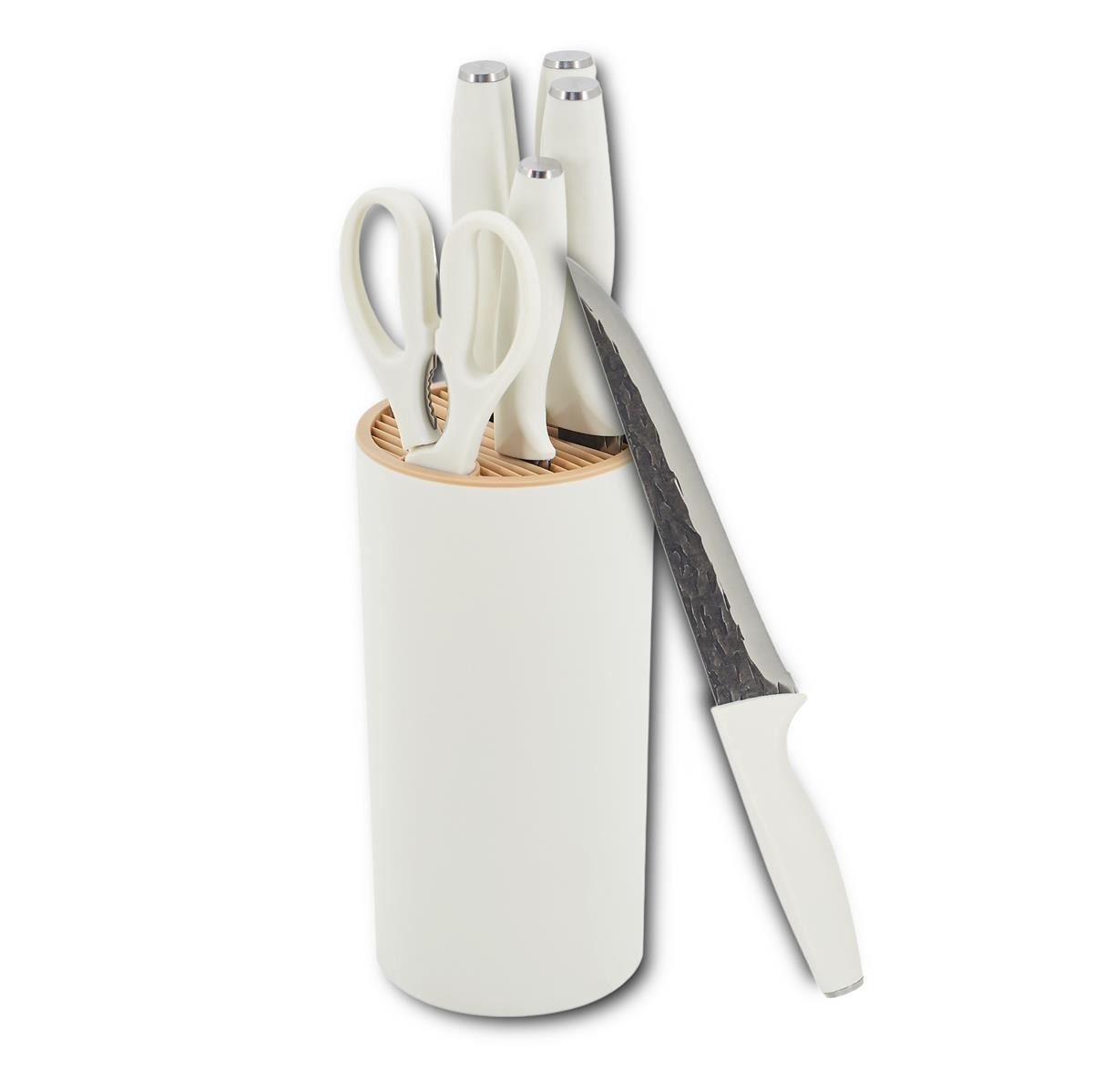 HOOZ Messer-Set 7-teilig mit Messerblock - 5 Scharfe Küchenmesser + Schere in 2 Farben (Set, 7-tlg., Kochmesser für Fleisch Fisch Gemüse Obst), Perfekt für die erste Wohnung