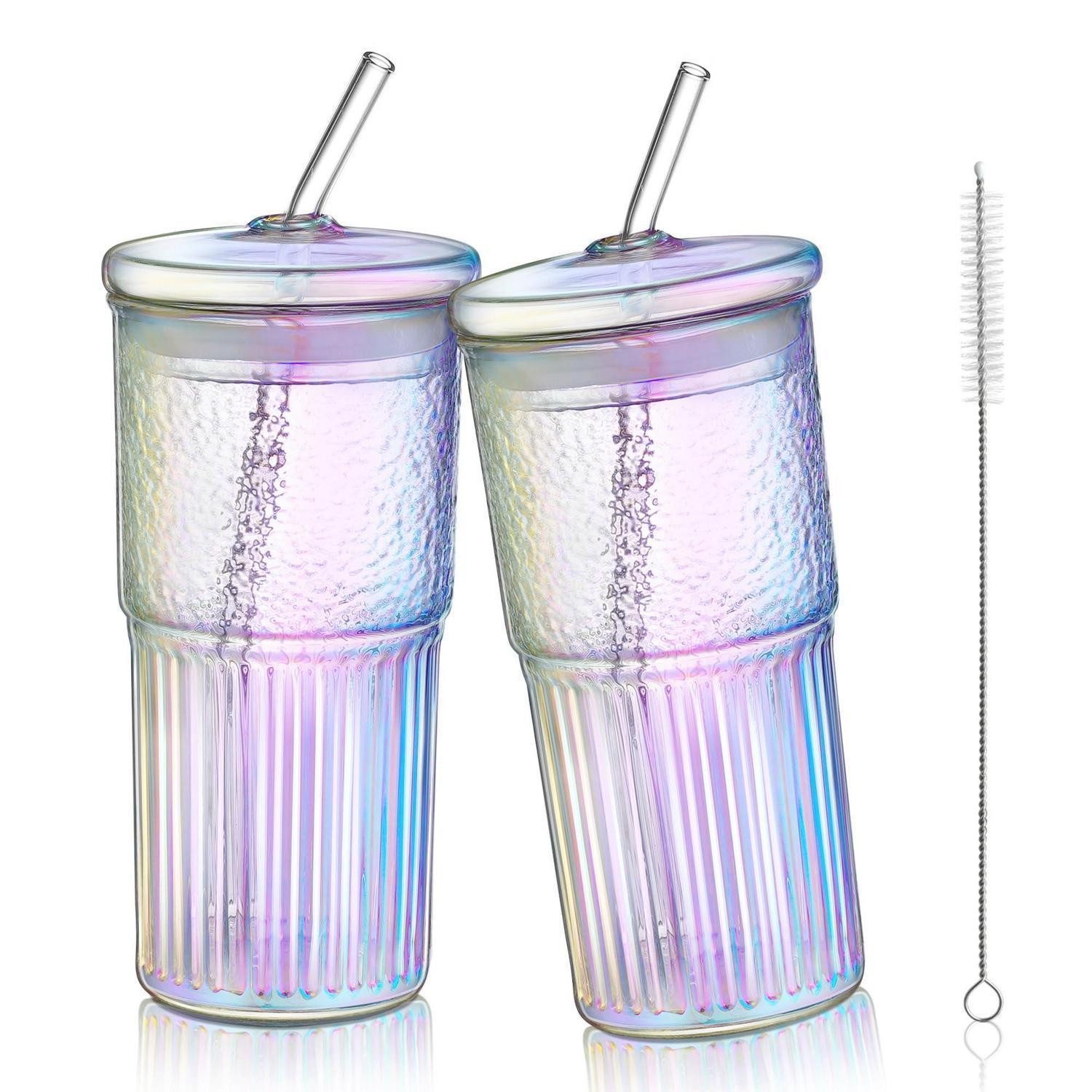 LuxusKollektion Longdrinkglas Trinkbecher 2er Set 650ml Regenbogen Gerippt, Glas