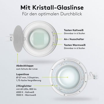 Goobay Lupenlampe 10 W LED-Lupenleuchte mit Klemme, SMD LED, Tageslichtweiß, Warmweiß, 3500 K, Lupe mit 3 Dioptrien, 1,75-fache Vergrößerung, Dimmbar