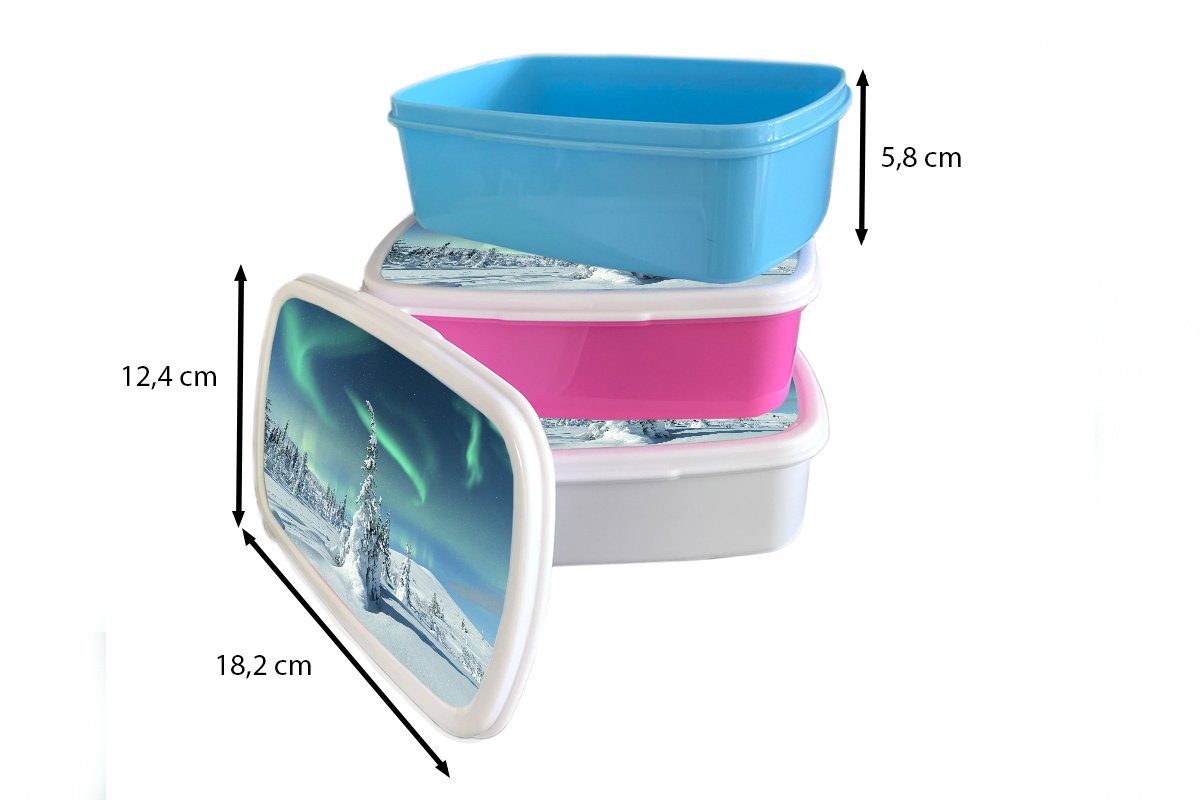 MuchoWow Lunchbox Höhle, - Kinder, Winter - - Brotdose rosa (2-tlg), Erwachsene, Snackbox, Landschaft Kunststoff, Nordlicht Schnee - Kunststoff Brotbox für Mädchen