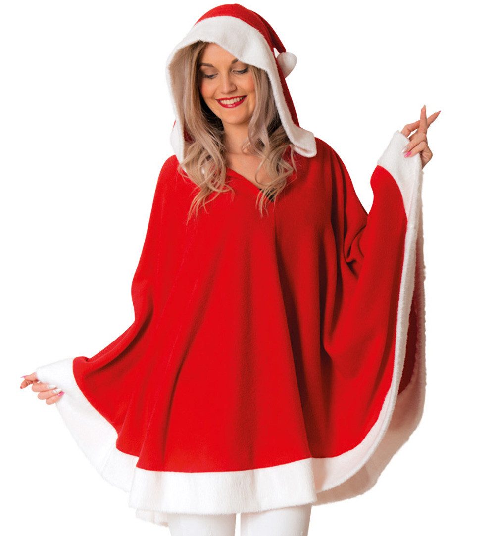 Fries Kostüm Damen Poncho Nikolaus Weihnachtsfrau Nikoline mit Kapuze Einheitsgröße