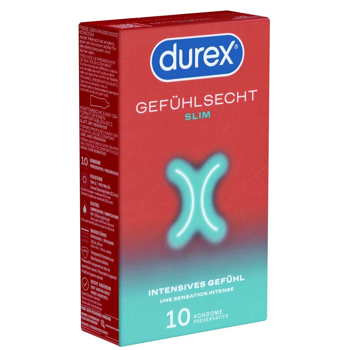 durex Kondome Gefühlsecht Slim Fit Packung mit, 10 St., schlanke und hauchzarte Markenkondome mit Easy-On™-Passform