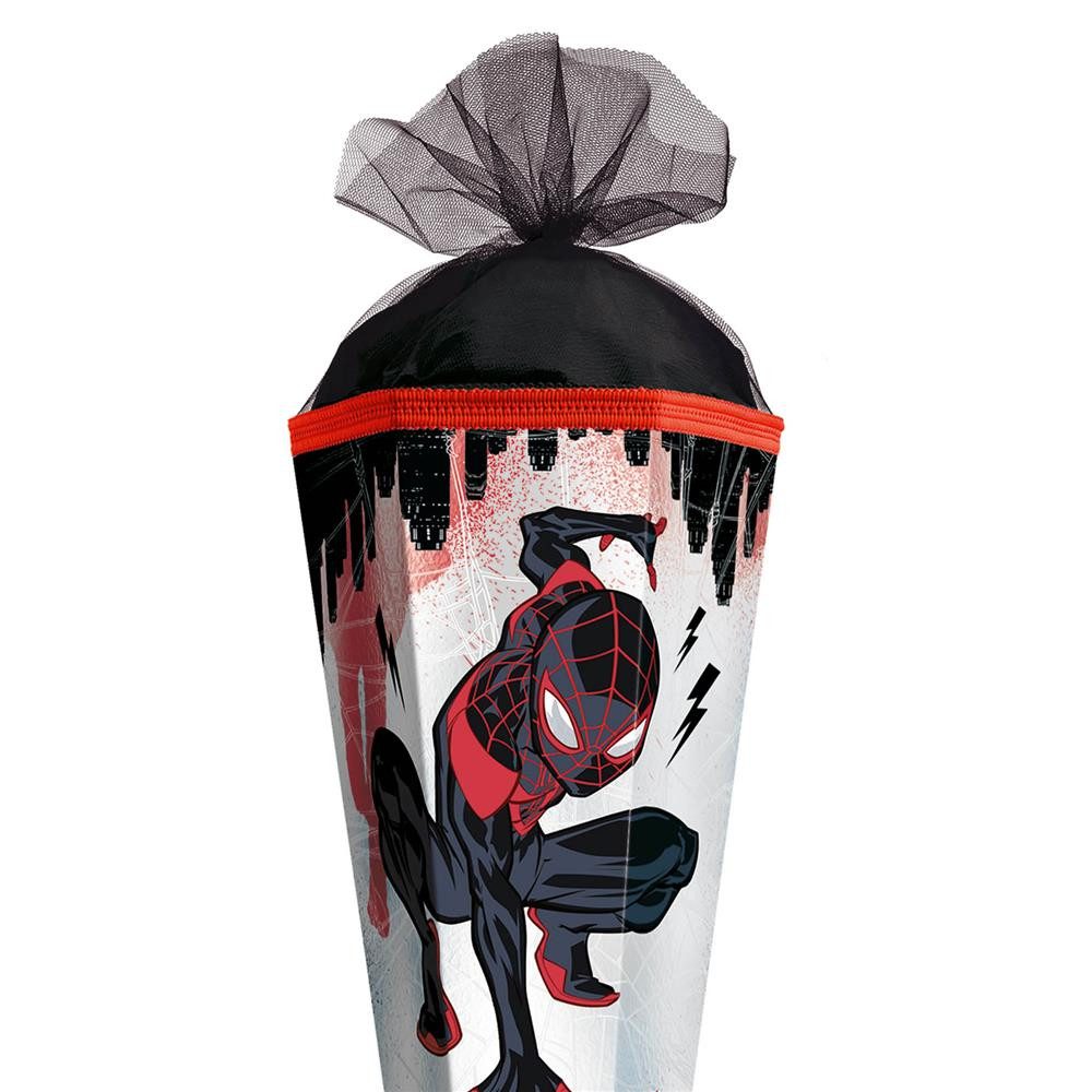 Roth Schultüte Marvel Spiderman Miles Morales, 85cm, eckig, Tüllverschluss, Superheldenmotiv, Effektfolie, schwarzer Tüll, ROT(H)-Spitze