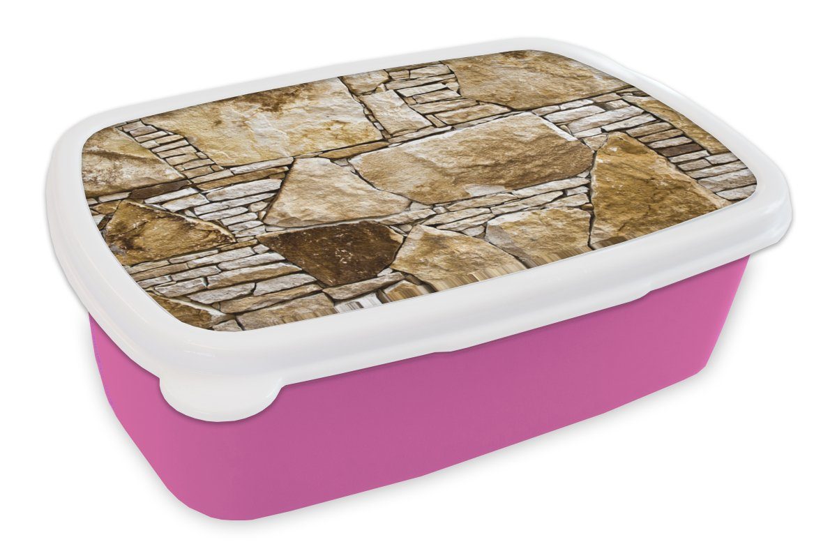 MuchoWow Lunchbox Felsbrocken - Mauer - Steine, Kunststoff, (2-tlg), Brotbox für Erwachsene, Brotdose Kinder, Snackbox, Mädchen, Kunststoff rosa
