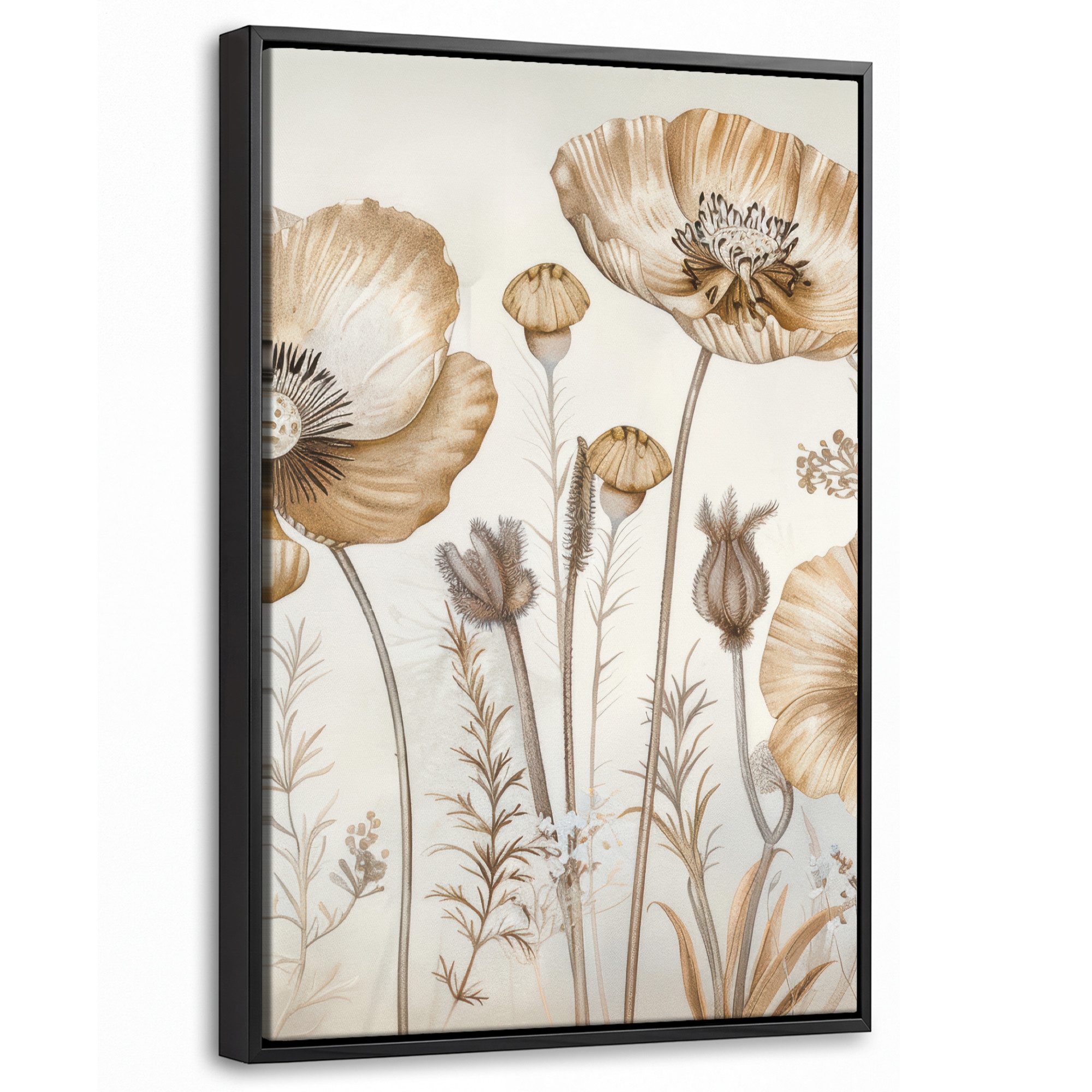 OneMillionCanvasses® Leinwandbild mit Rahmen - Blumen - Beige - Natur - Illustration, Fotodruck (1 St), Deko für Wohnzimmer Schlafzimmer Küchen 40x60cm