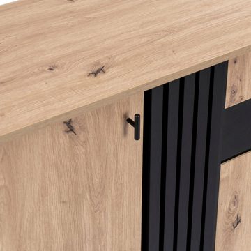 Merax Sideboard inkl. LED-Beleuchtung, B:140cm, mit 3 Türen und 6 Fächer, Anrichte, Buffet, Kommode Landhaus