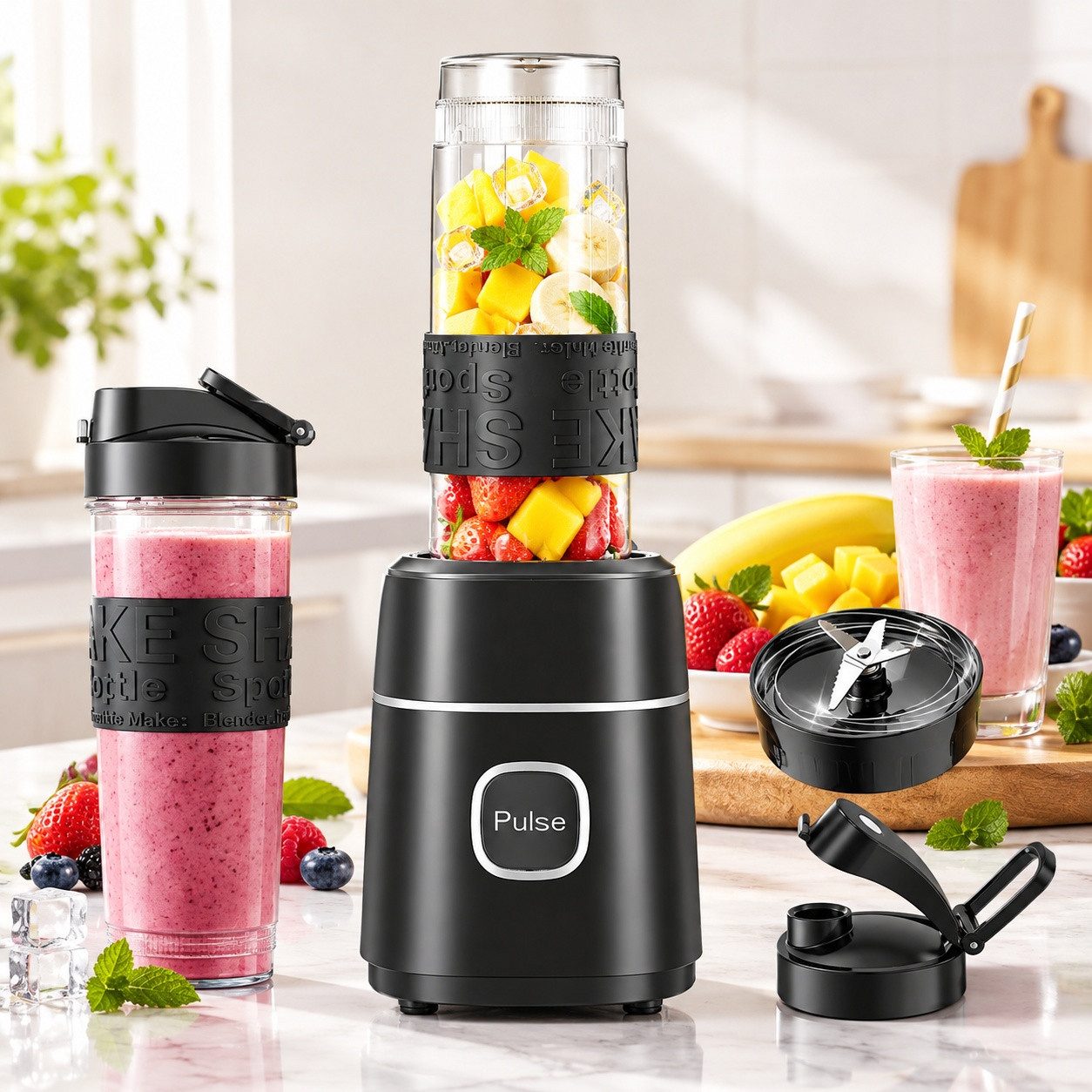 Fofile Standmixer Smoothie Maker 500W Mini Mixer mit 2x570ml Tritan BPA Freier Flasche, 500 W, Tragbarer Edelstahl Blender, 4 Blatt, leicht zu reinigen, 22.000 U/min