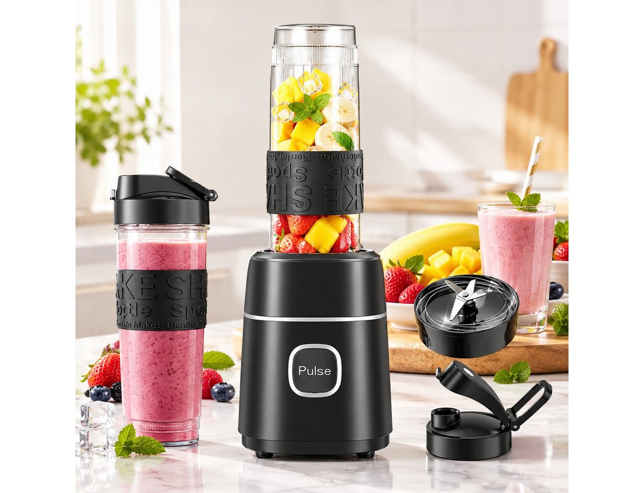 Fofile Standmixer Smoothie Maker 500W Mini Mixer mit 2x570ml Tritan BPA Freier Flasche, 500 W, Tragbarer Edelstahl Blender, 4 Blatt, leicht zu reinigen, 22.000 U/min