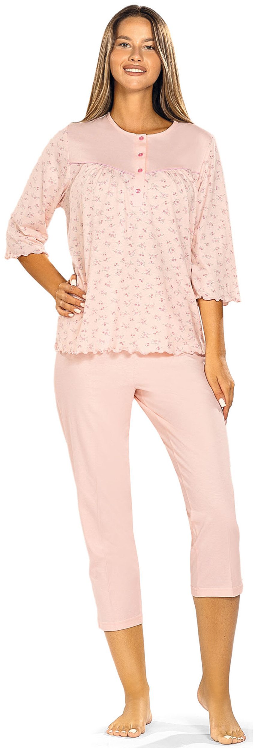 comtessa Schlafanzug Feeling Good (Set, 2 tlg., 2-teilig) Damen Pyjama geknöpft 2-teilig 7/8 Hose 3/4 Arm Baumwolle große Größen