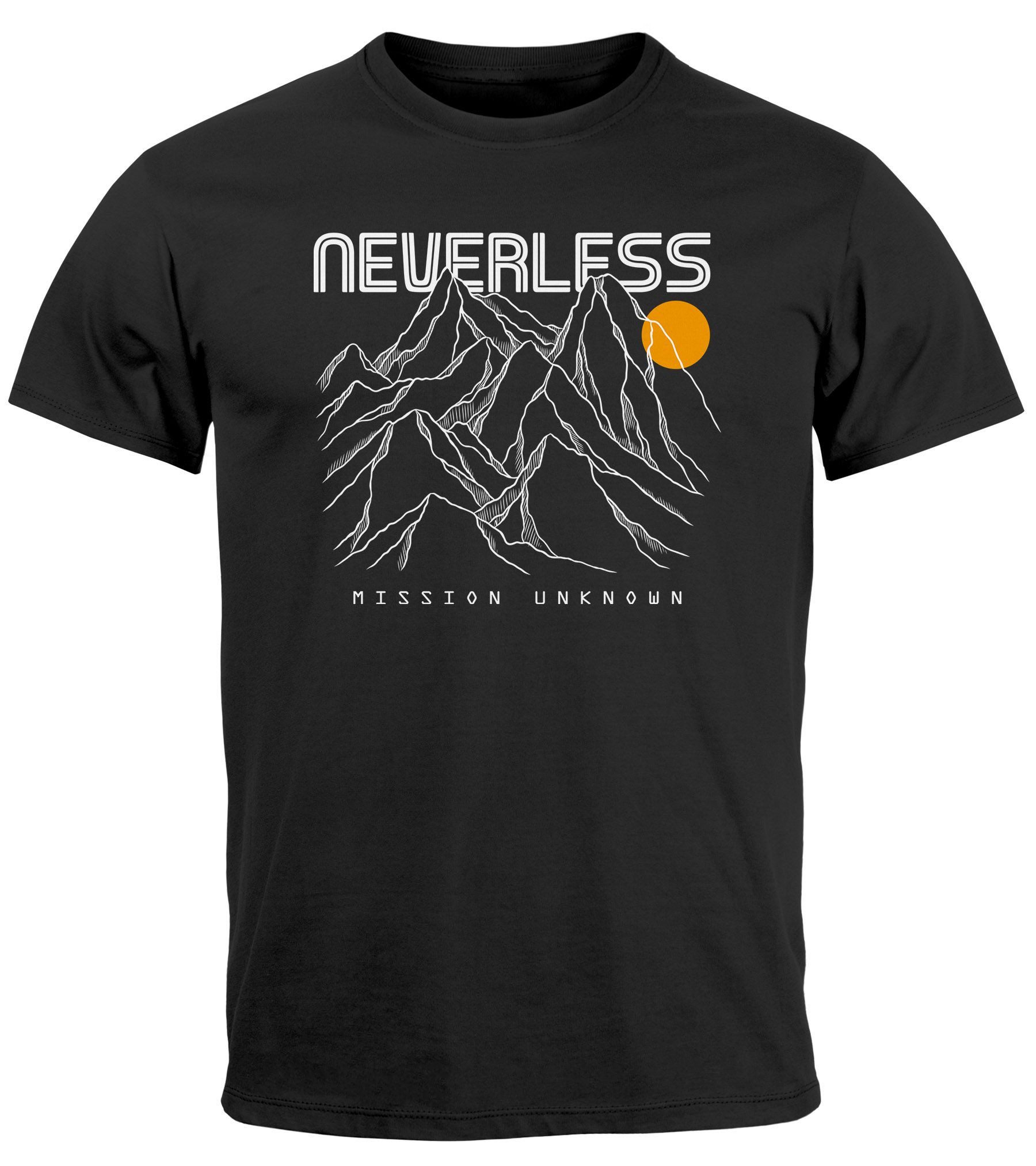 Neverless Print-Shirt Herren T-Shirt Frontprint Gebirge Line-Art Printshirt Wandern Outdoor mit Print